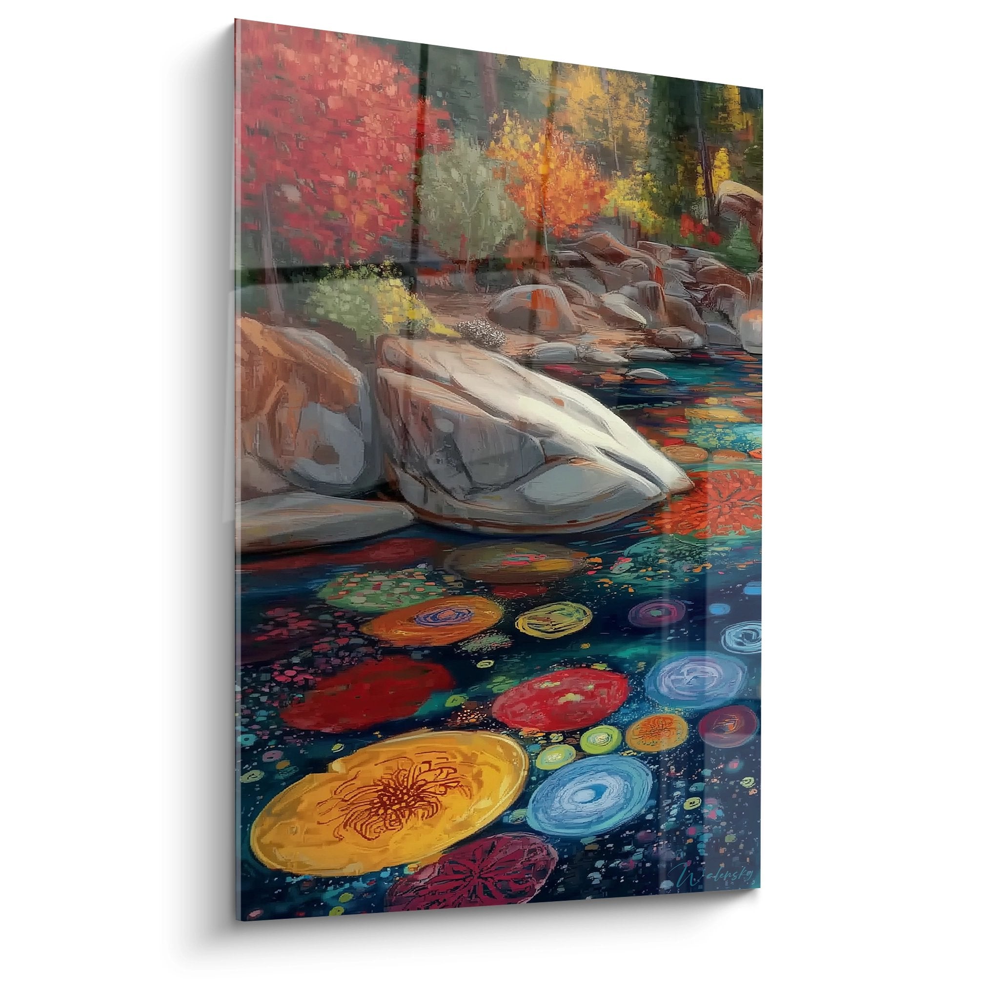 Tableau lac automnal avec reflets colorés et rochers, paysage lacustre aux couleurs d'automne éclatantes