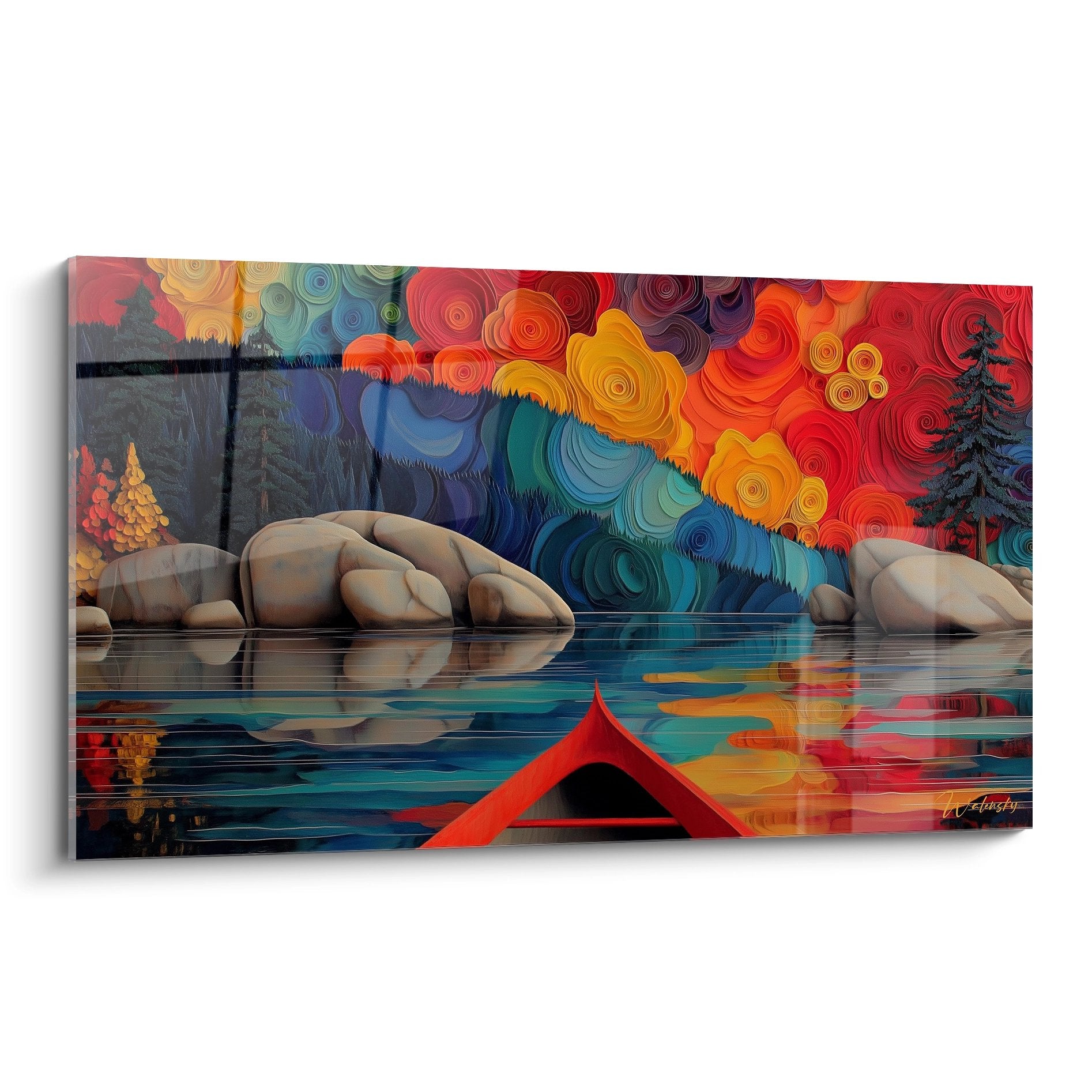 Tableau lac automne abstrait avec canoë rouge et reflets colorés, art mural moderne pour décoration