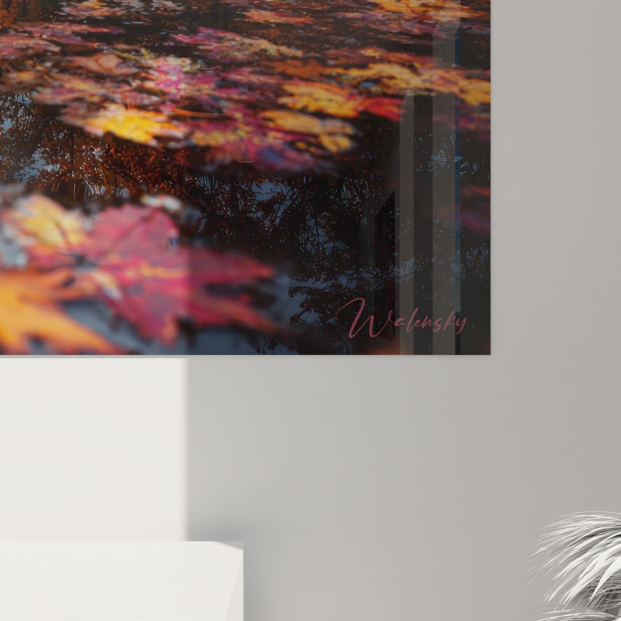 Vue ensemble tableau mural lac automne brumeux reflets dorés décoration intérieure nature