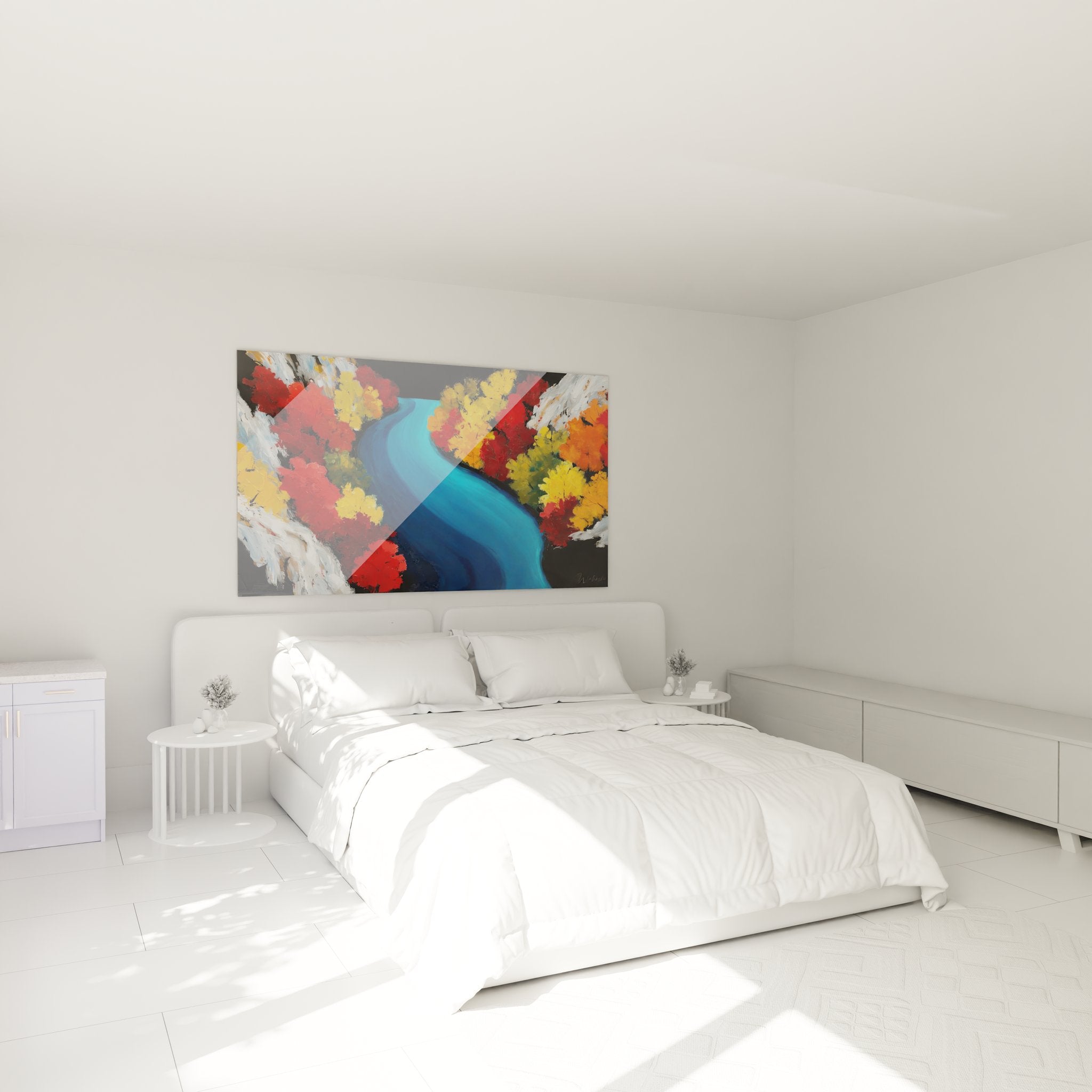 Tableau lac montagne automne décorant chambre moderne avec couleurs chaudes et rivière turquoise