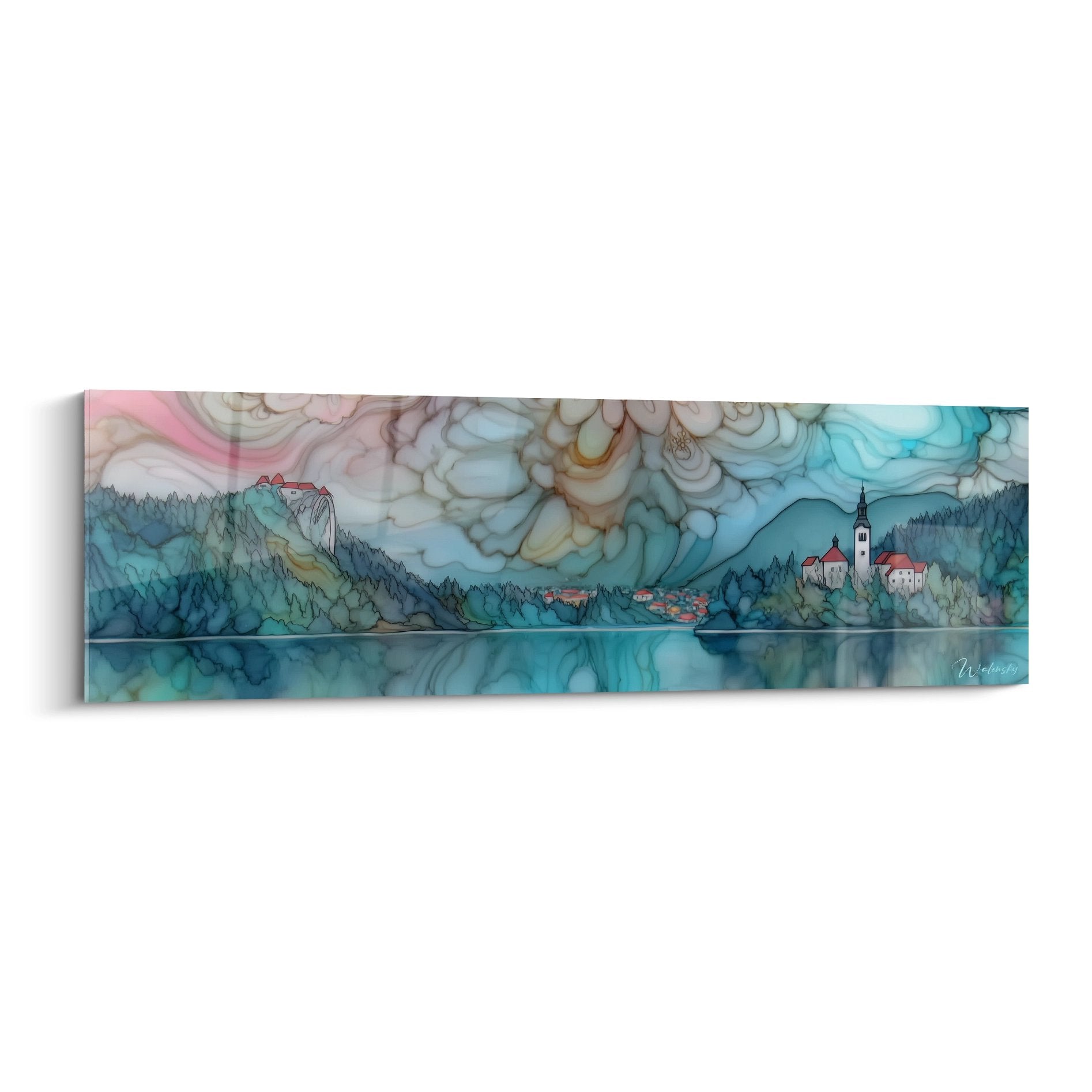 Tableau lac de Bled Slovénie avec église sur îlot et château, art mural paysage aquarelle