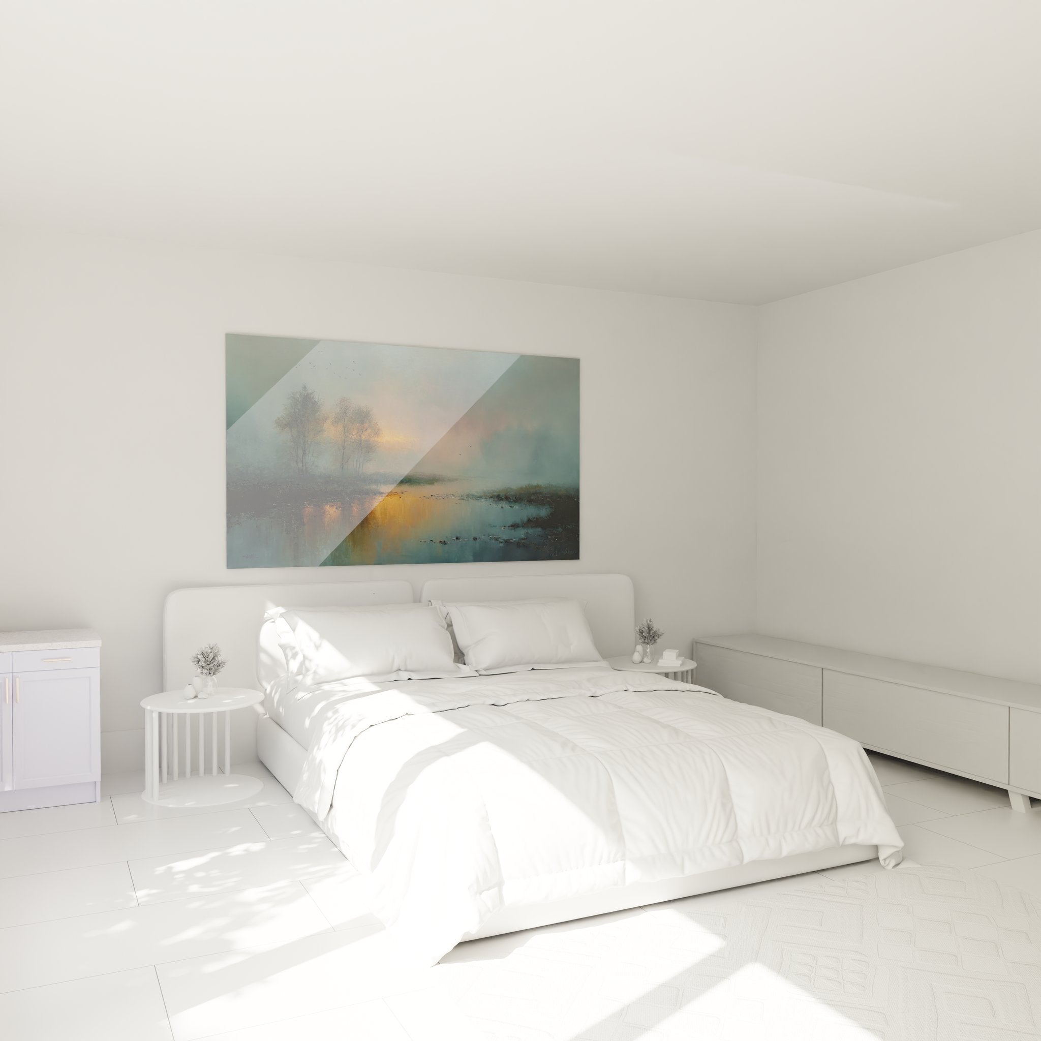 Tableau lac brumeux dans ambiance chambre moderne avec décoration murale aquatique apaisante