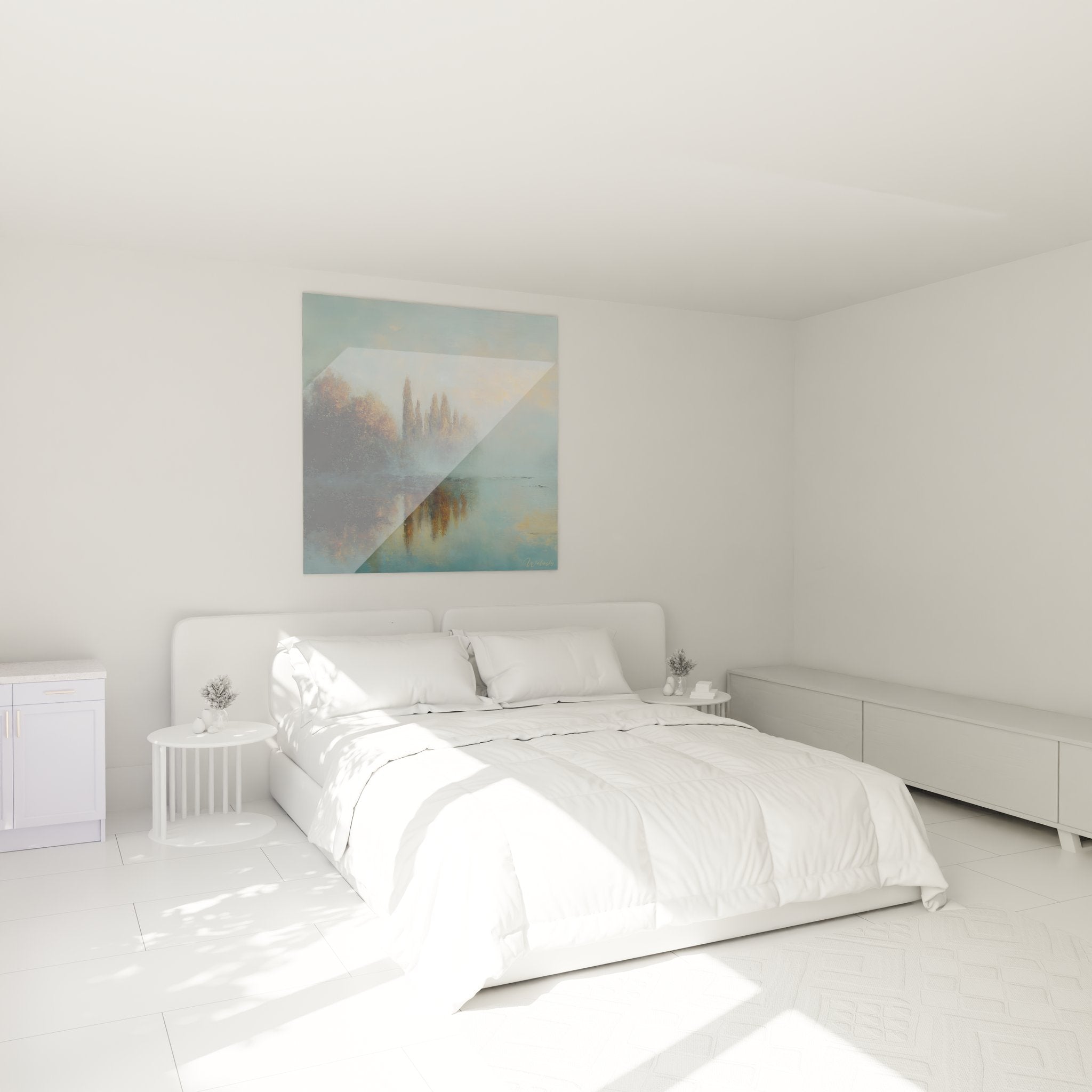 Tableau lac brumeux décoratif installé dans chambre moderne avec ambiance automnale dorée