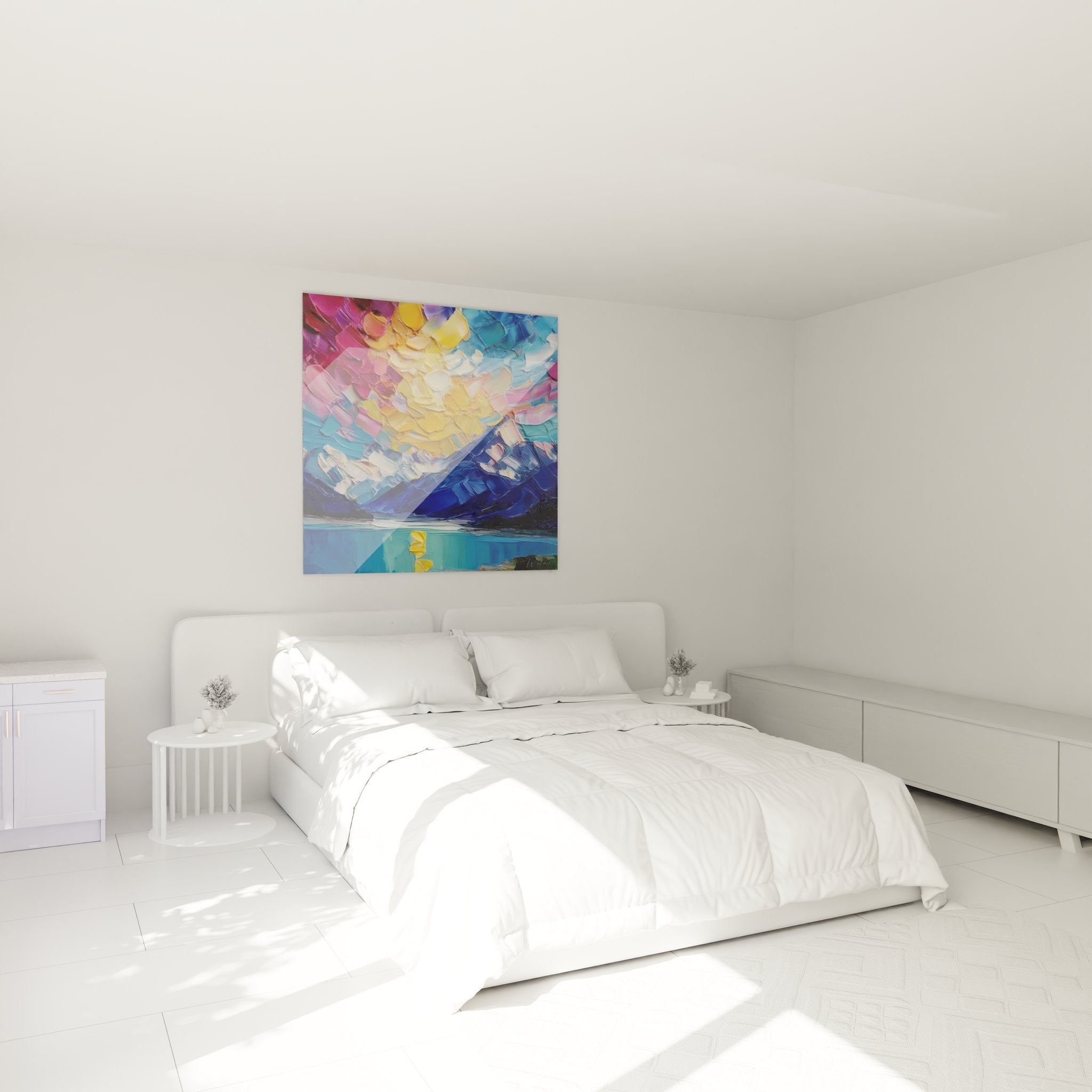Tableau lac coloré dans décoration chambre moderne, ambiance apaisante coucher soleil