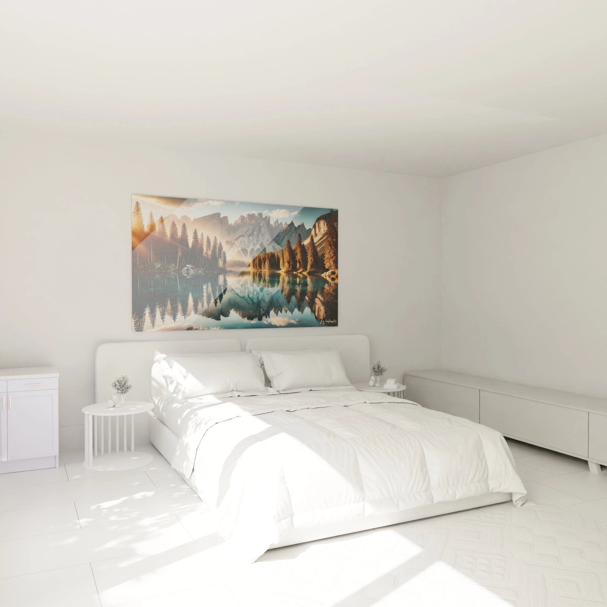 Ce tableau montagne embellit votre chambre, accroché au-dessus du lit. Il apporte une ambiance chaleureuse avec ses reflets dorés, transformant votre espace en un havre de paix.