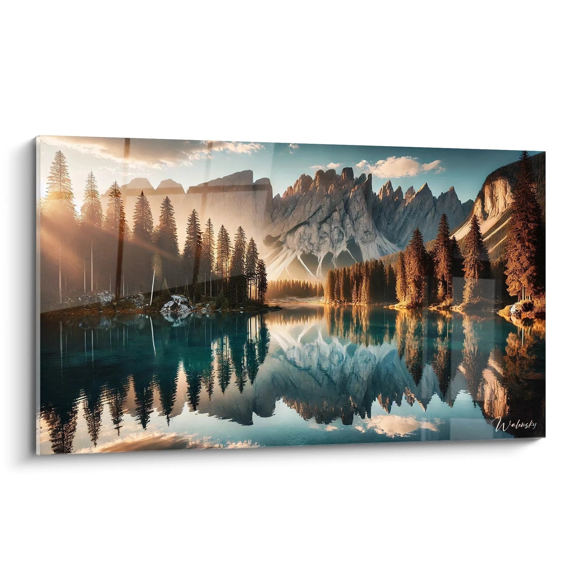 Découvrez ce tableau montagne unique, présenté en biais, capturant la magie d'un instant de paix. L'harmonie des couleurs bleu et or évoque une nature sereine et apaisante.