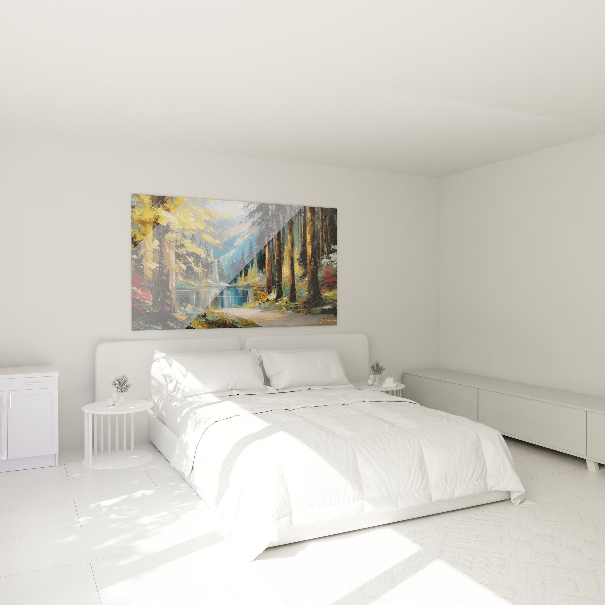 Tableau lac forestier dans décoration chambre moderne avec ambiance nature apaisante