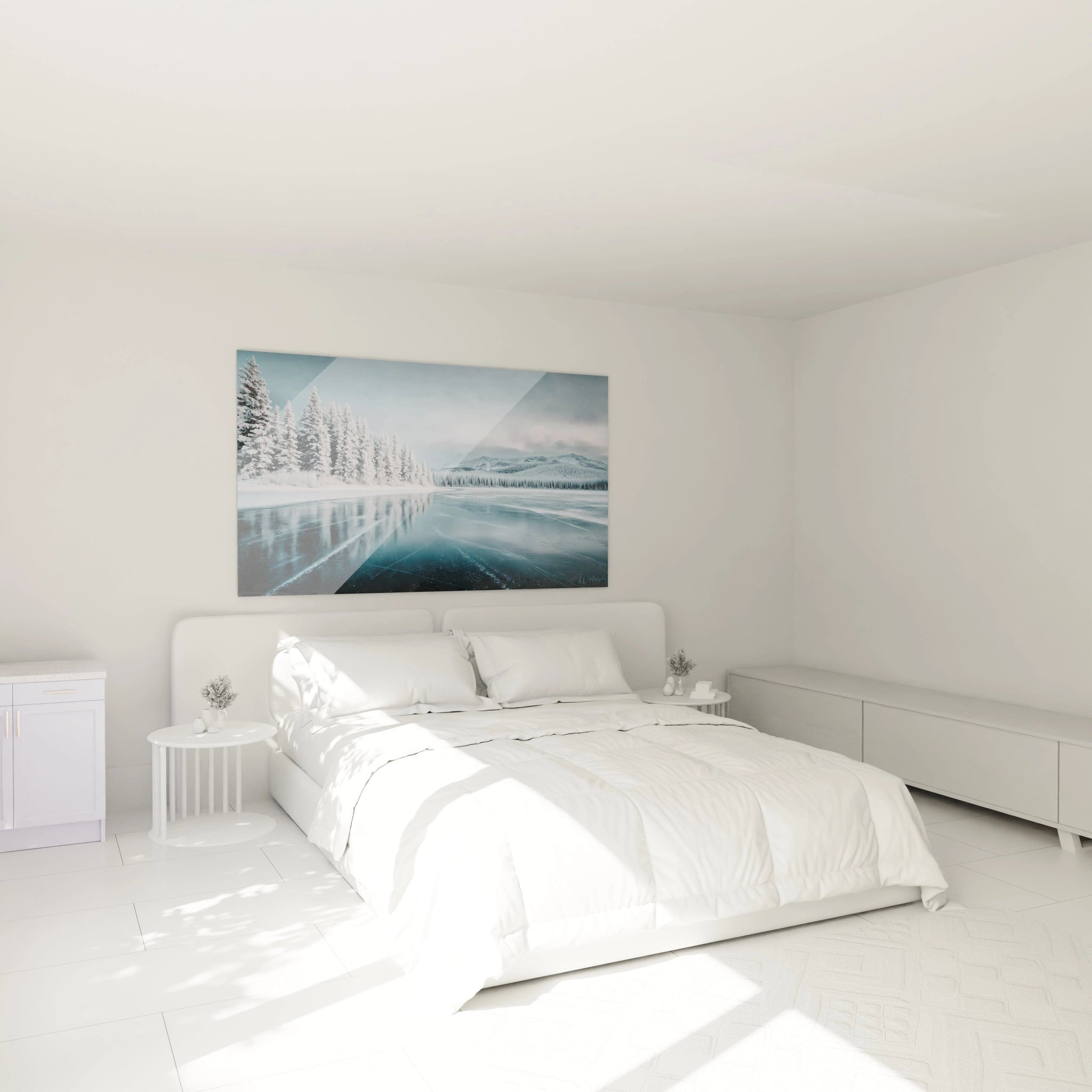 Tableau mural Walensky tableau lac gelé hiver montrant paysage enneigé arbres et reflet du lac glacé dans une chambre moderne