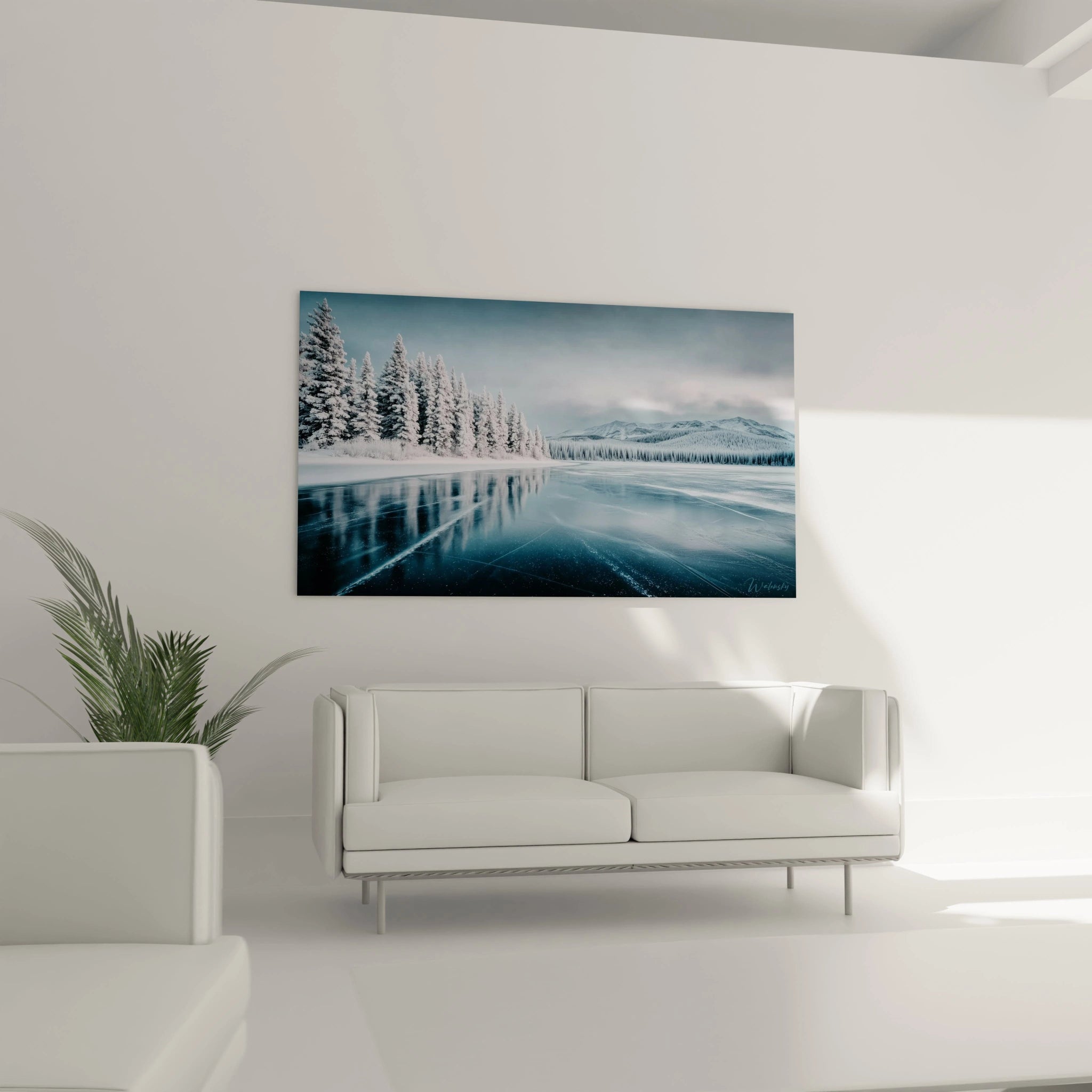 tableau lac gelé hiver Walensky montrant un lac glacé reflétant sapins enneigés et montagnes pour salon moderne