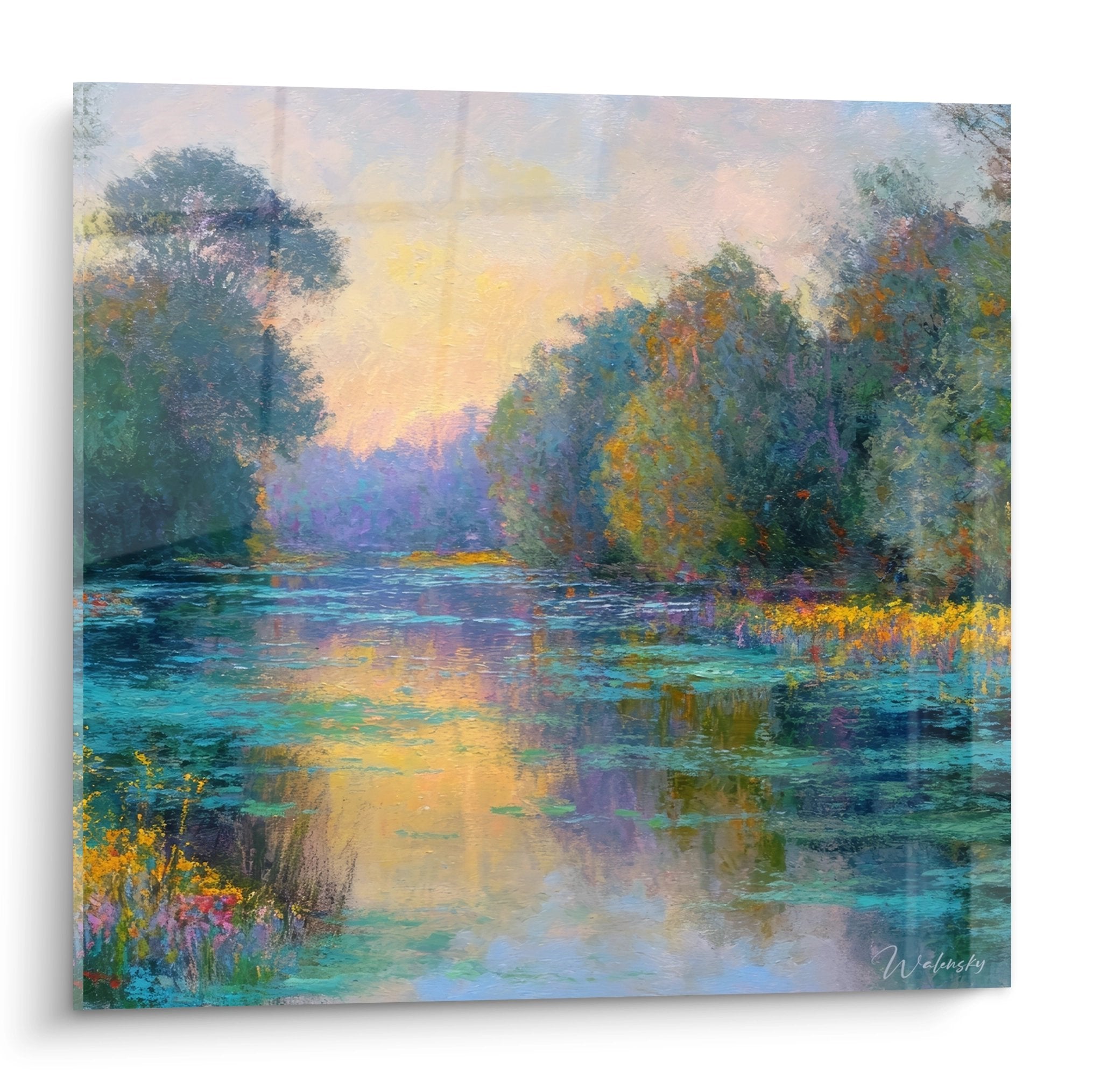 Tableau lac impressionniste coucher soleil reflets dorés arbres végétation luxuriante peinture murale nature