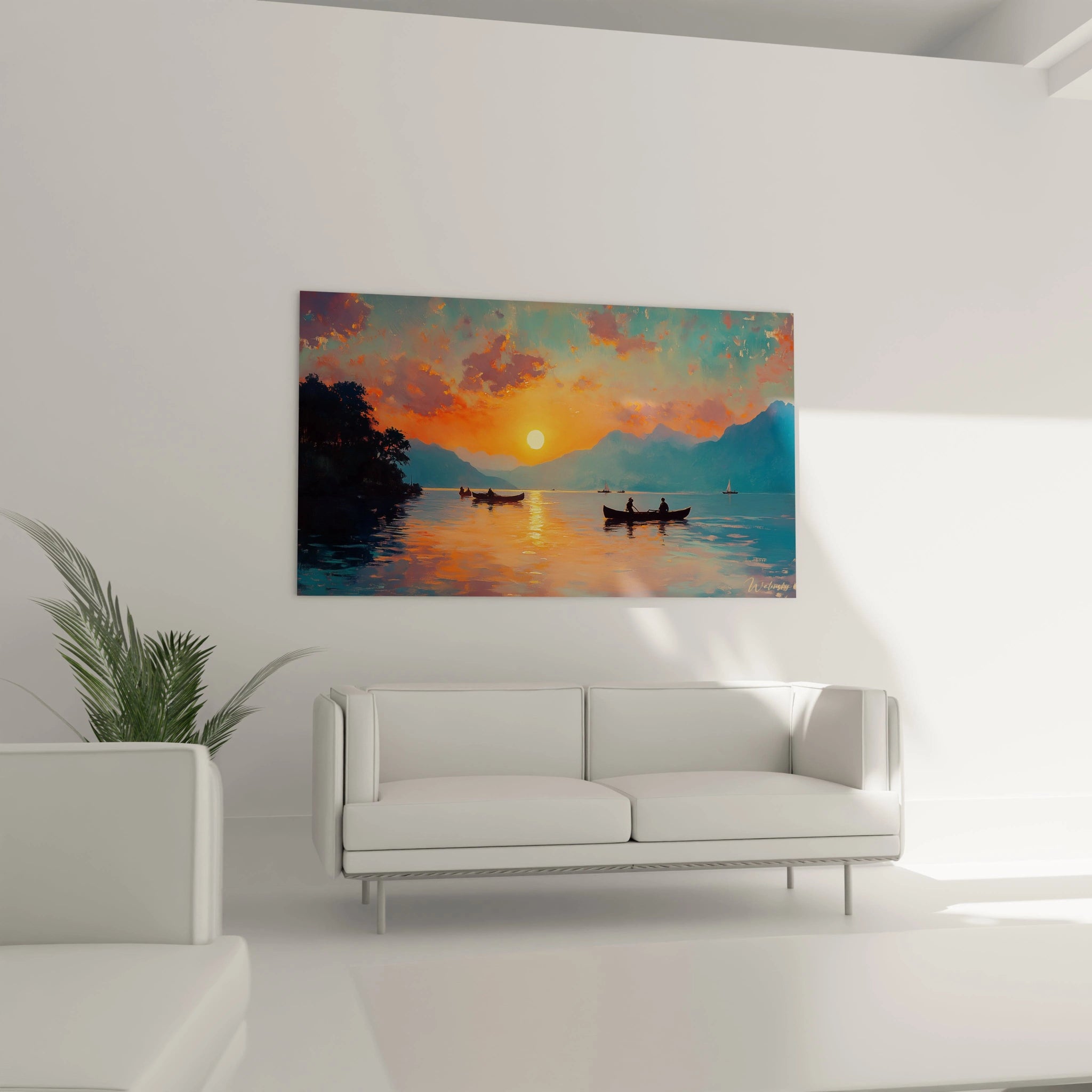 Tableau lac avec barques représentant un paysage lacustre au crépuscule, dominé par des teintes orange vif et jaune dans le ciel, des montagnes grises-bleues à l'horizon et plusieurs embarcations à rames créant des silhouettes noires sur l'eau miroitante.