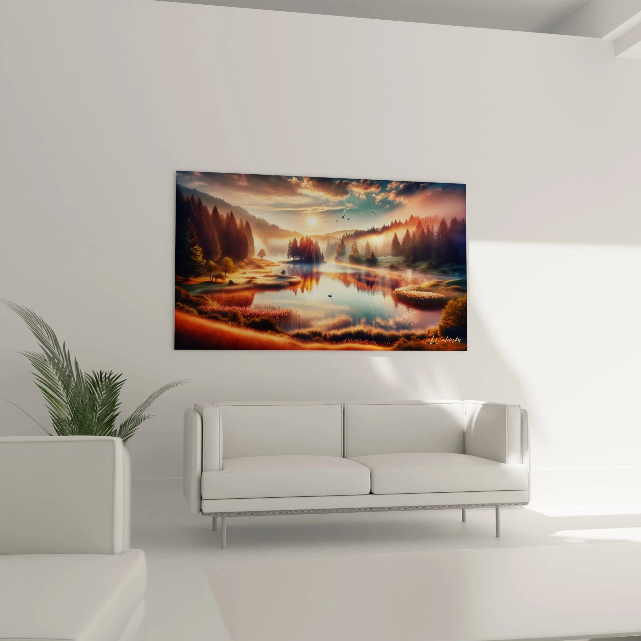 Un tableau paysage figurant un étang entouré de forêts de conifères sur des collines étagées. Des oiseaux traversent le ciel nuageux aux teintes turquoise et orangées. Les textures brumeuses et les reflets dans l'eau produisent un effet de miroir, accentué par la présence d'un cygne au centre.