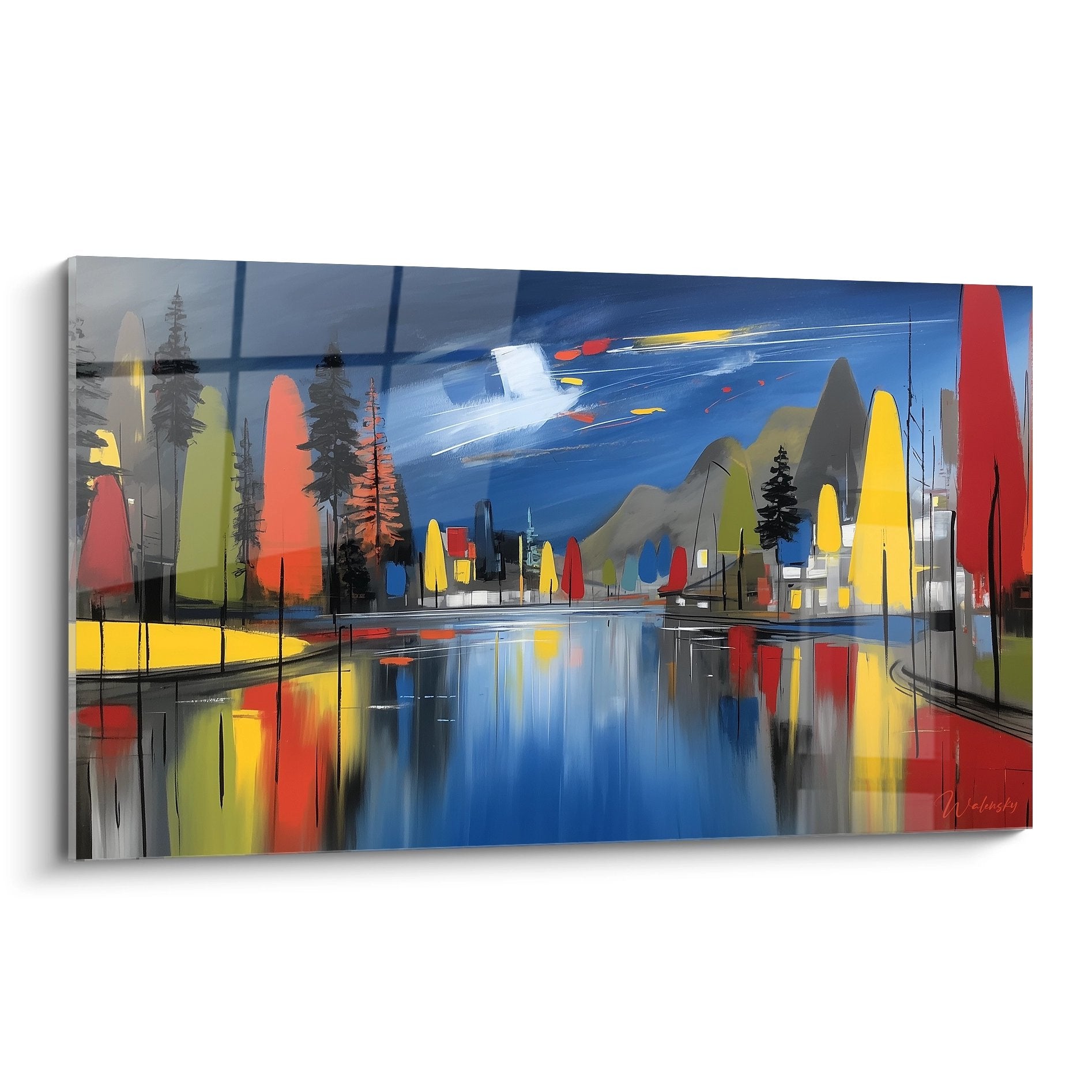 Tableau lac moderne abstrait avec reflets colorés, paysage urbain stylisé et montagnes géométriques