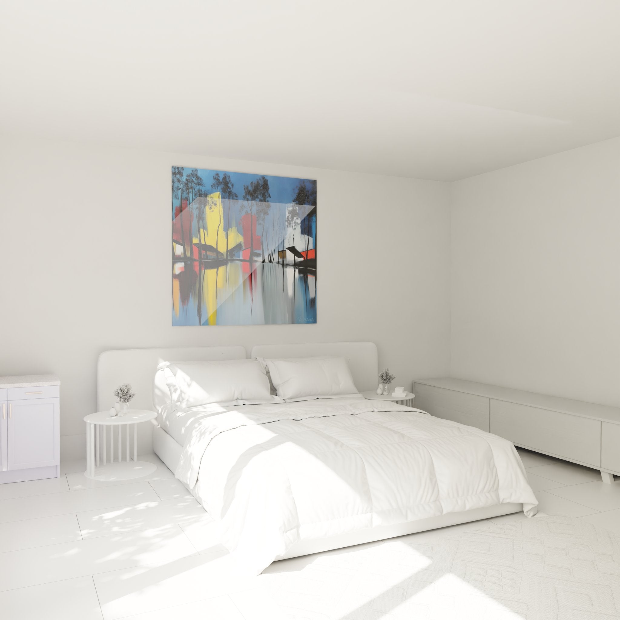 Tableau lac moderne dans chambre contemporaine, décoration murale avec reflets colorés et style abstrait