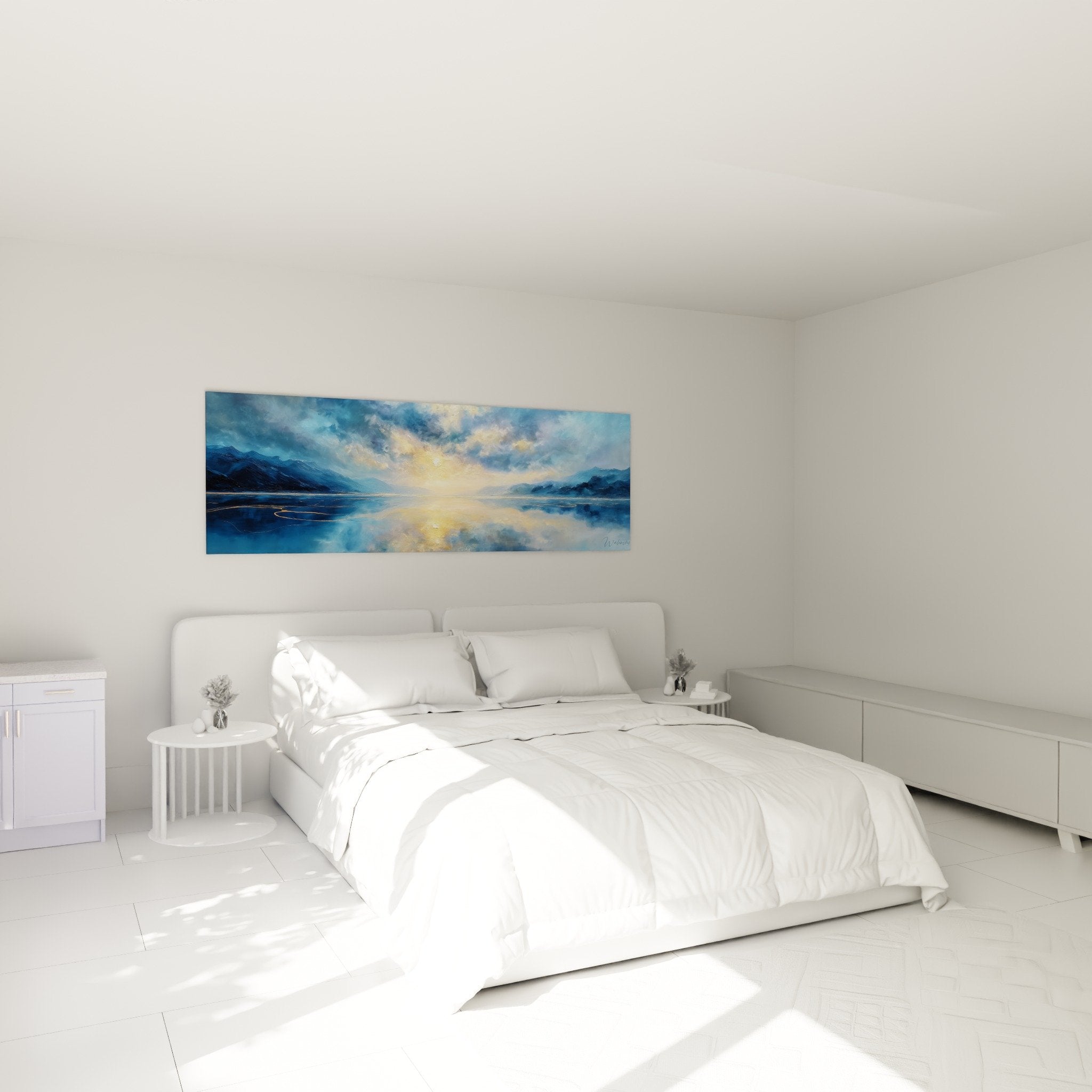 Mountain lake panoramic wall art bedroom decor golden reflections zen feng shui ambiance