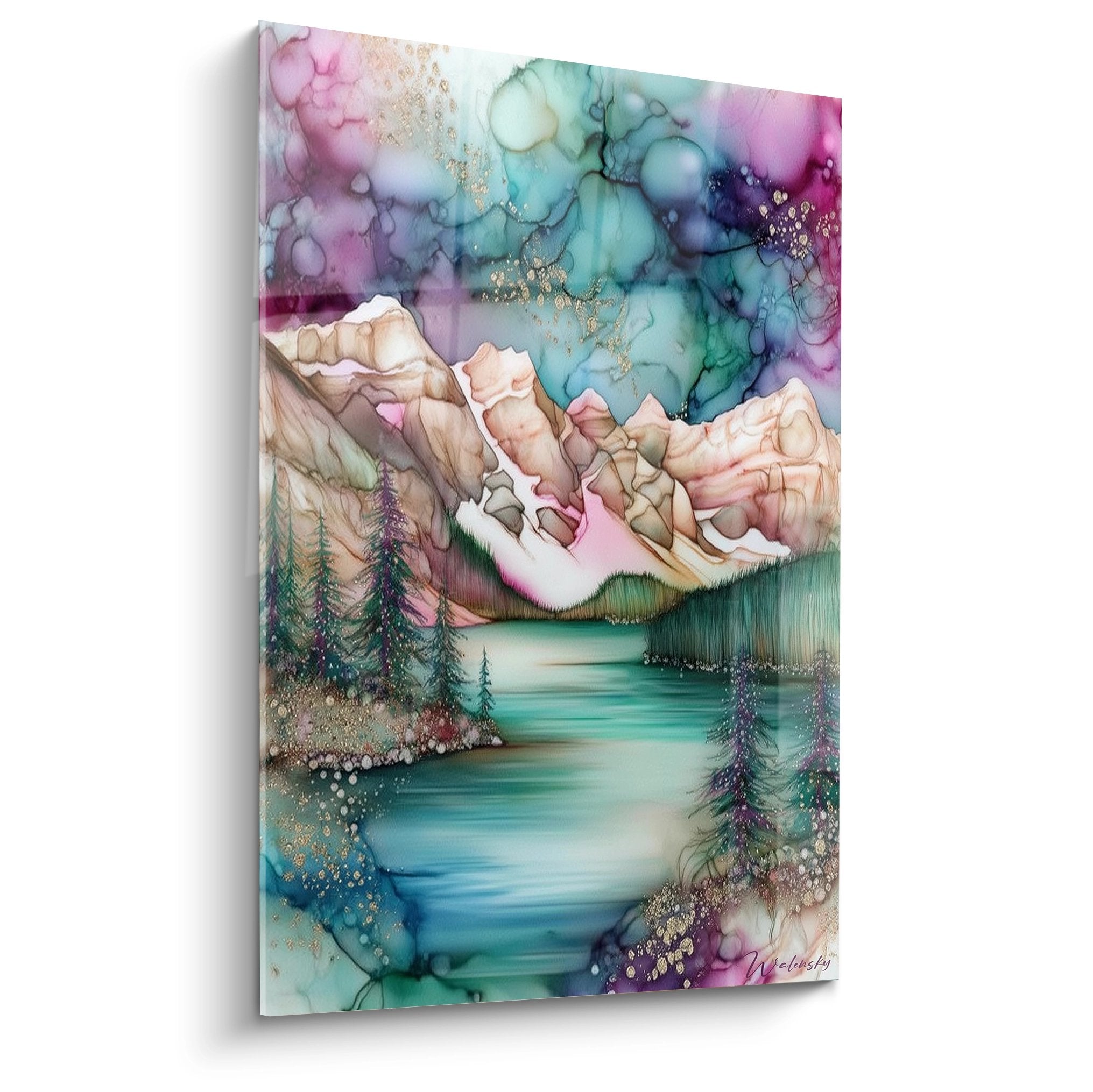 Tableau lac de montagne aquarelle avec forêt conifères et reflets dorés - art mural nature moderne