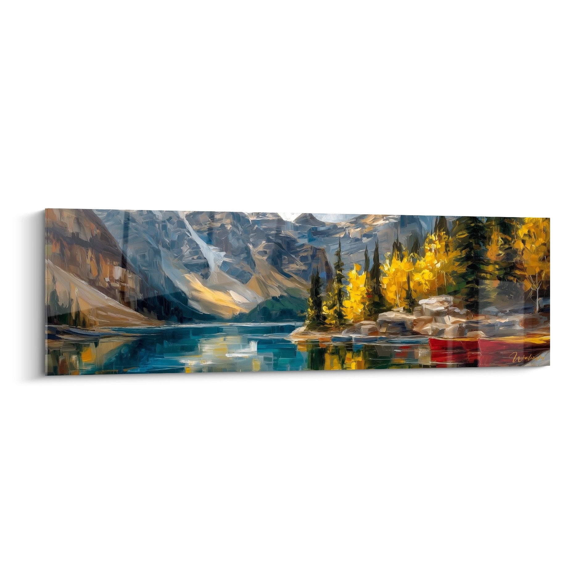 Tableau lac montagne automnal reflets dorés canoe rouge paysage alpin decoration murale nature