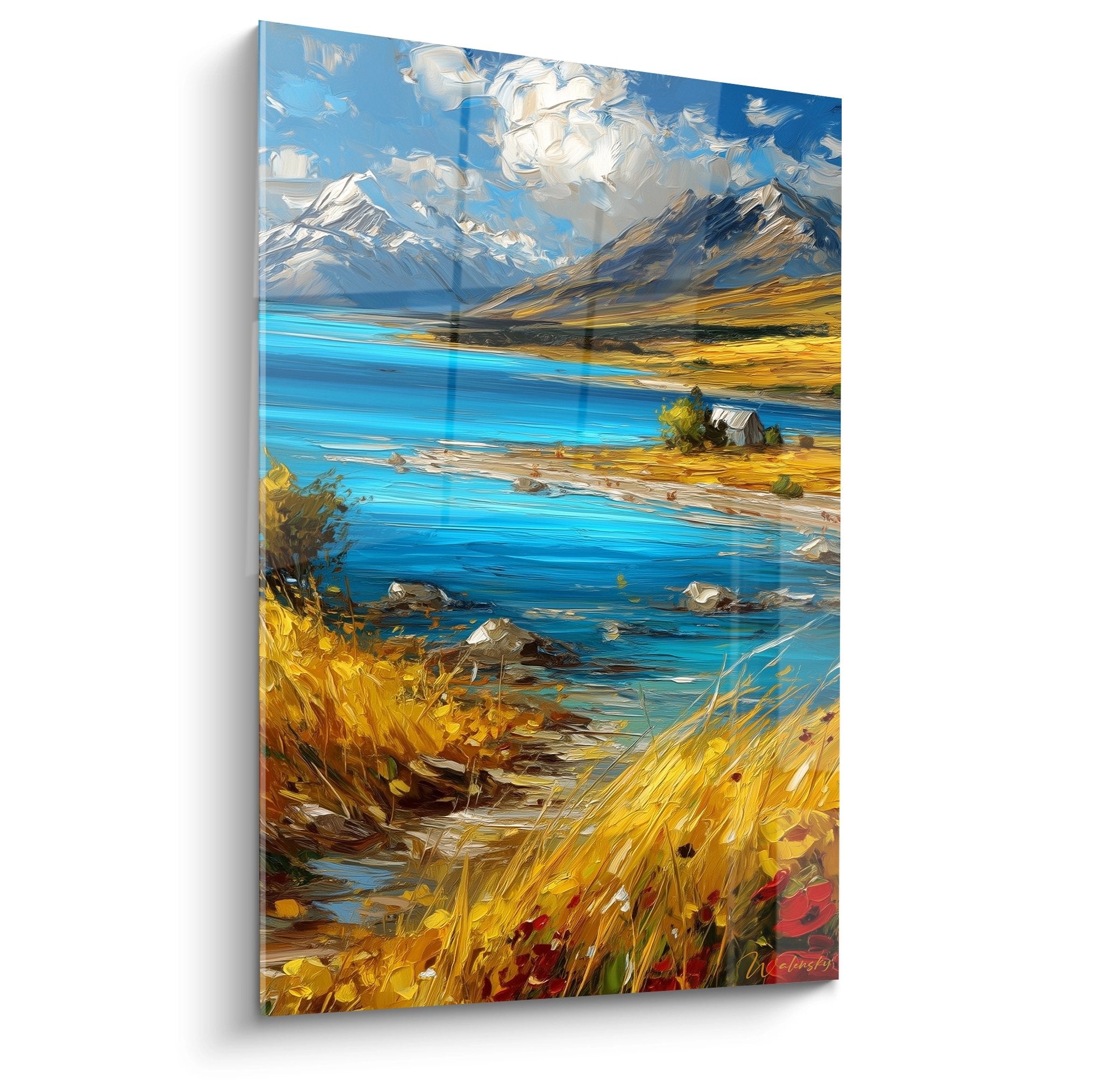 Tableau mural lac de montagne automnal avec herbes dorées et reflets turquoise