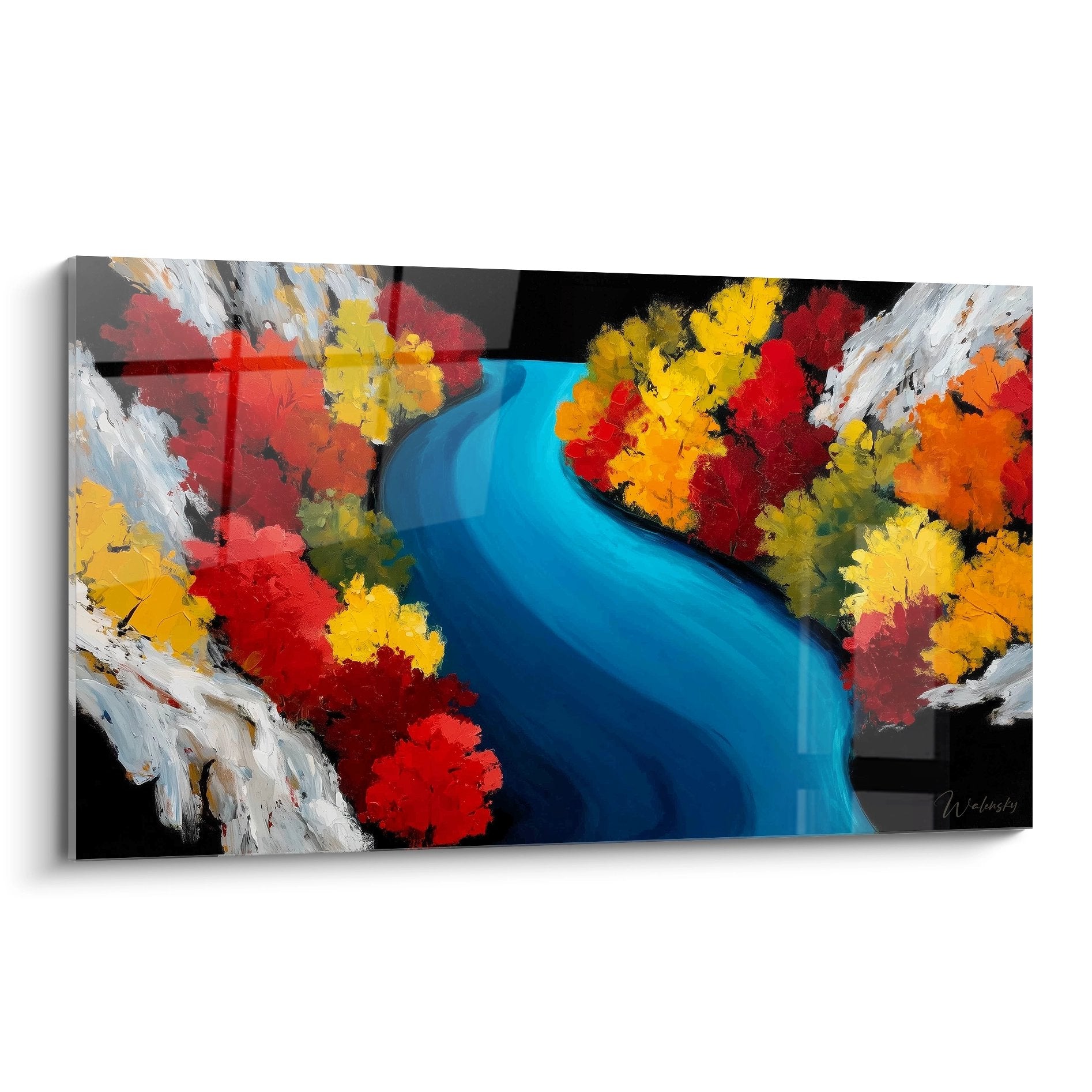 Tableau mural lac automnal avec rivière bleue serpentant entre feuillages colorés rouge orange jaune