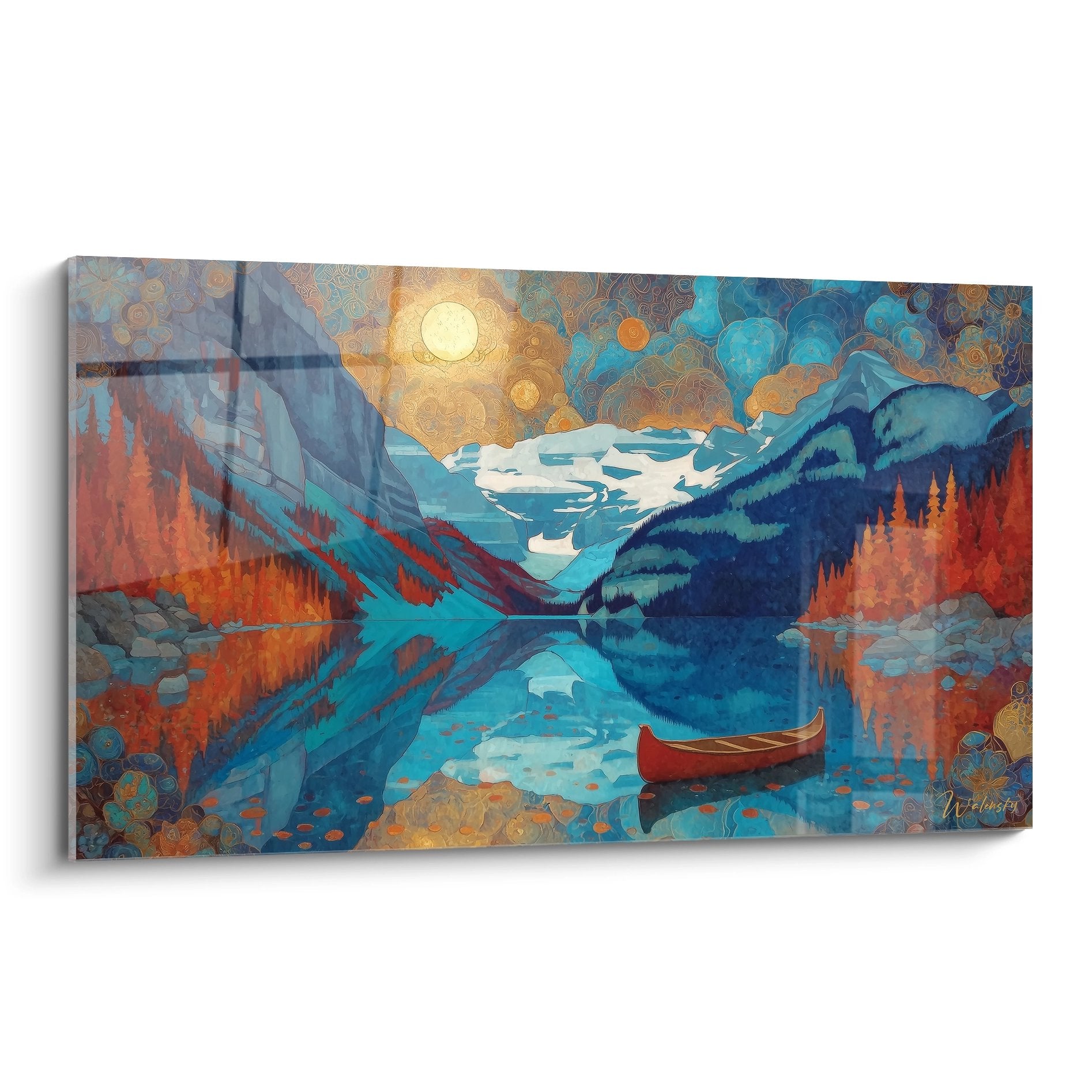 Tableau mural lac de montagne automne avec canoë rouge et reflets dorés sur eau cristalline art nature