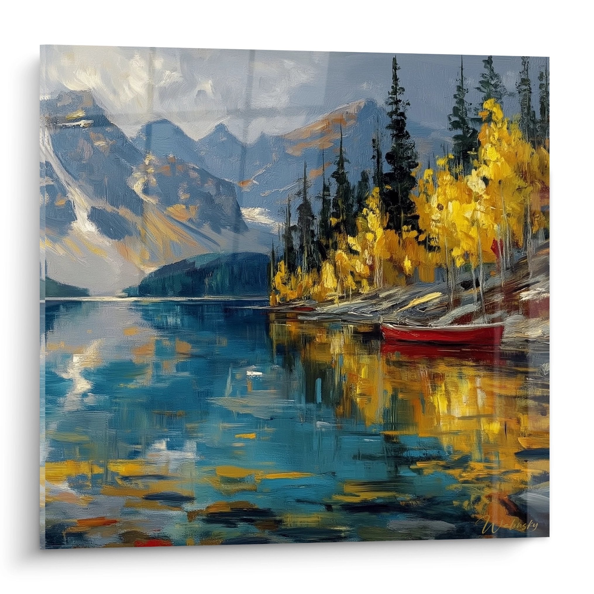 Tableau lac montagne avec barque rouge et reflets dorés automne, peinture paysage lacustre décoratif