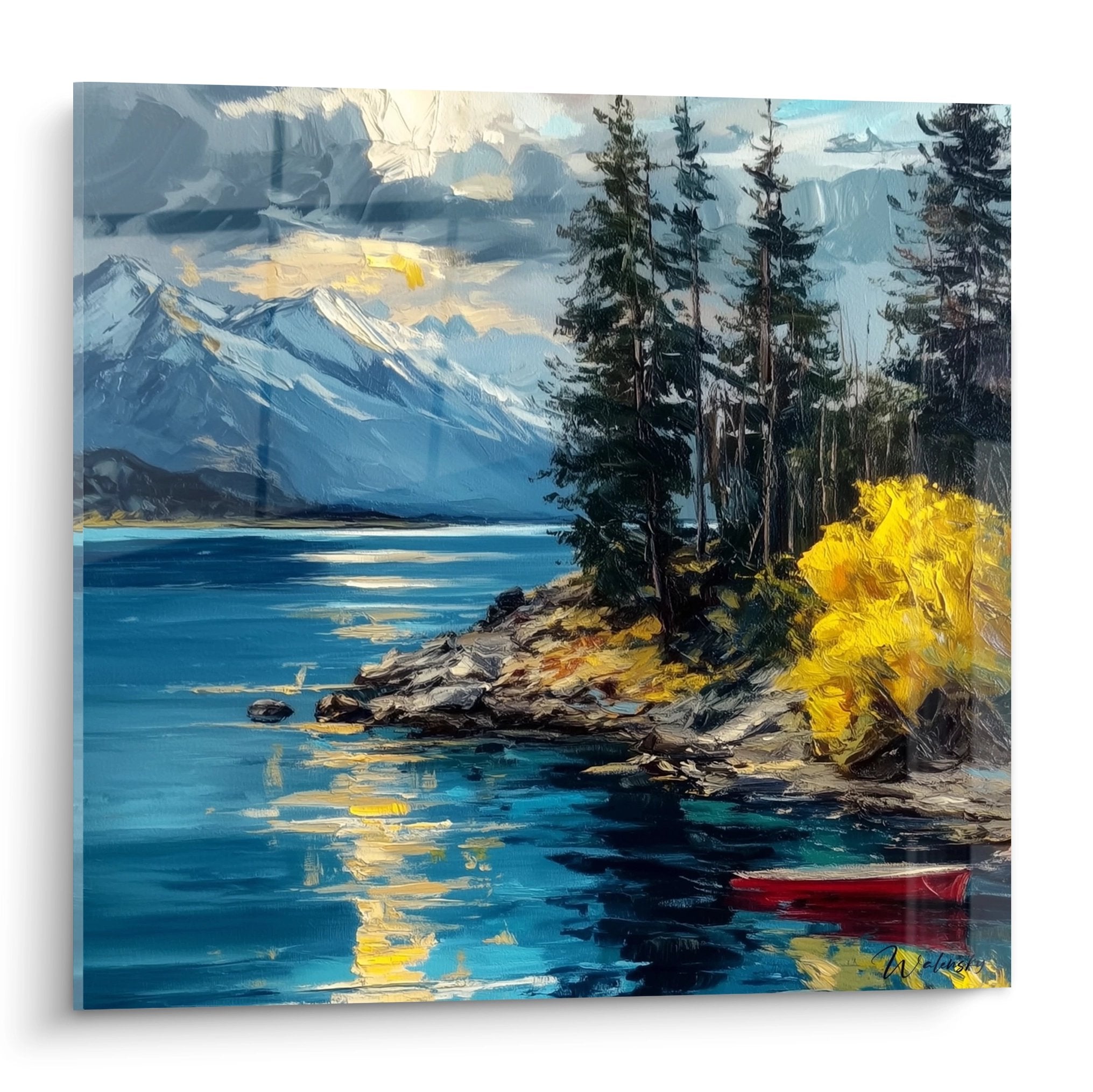 Tableau mural lac de montagne avec barque rouge, sapins et reflets dorés sur l'eau