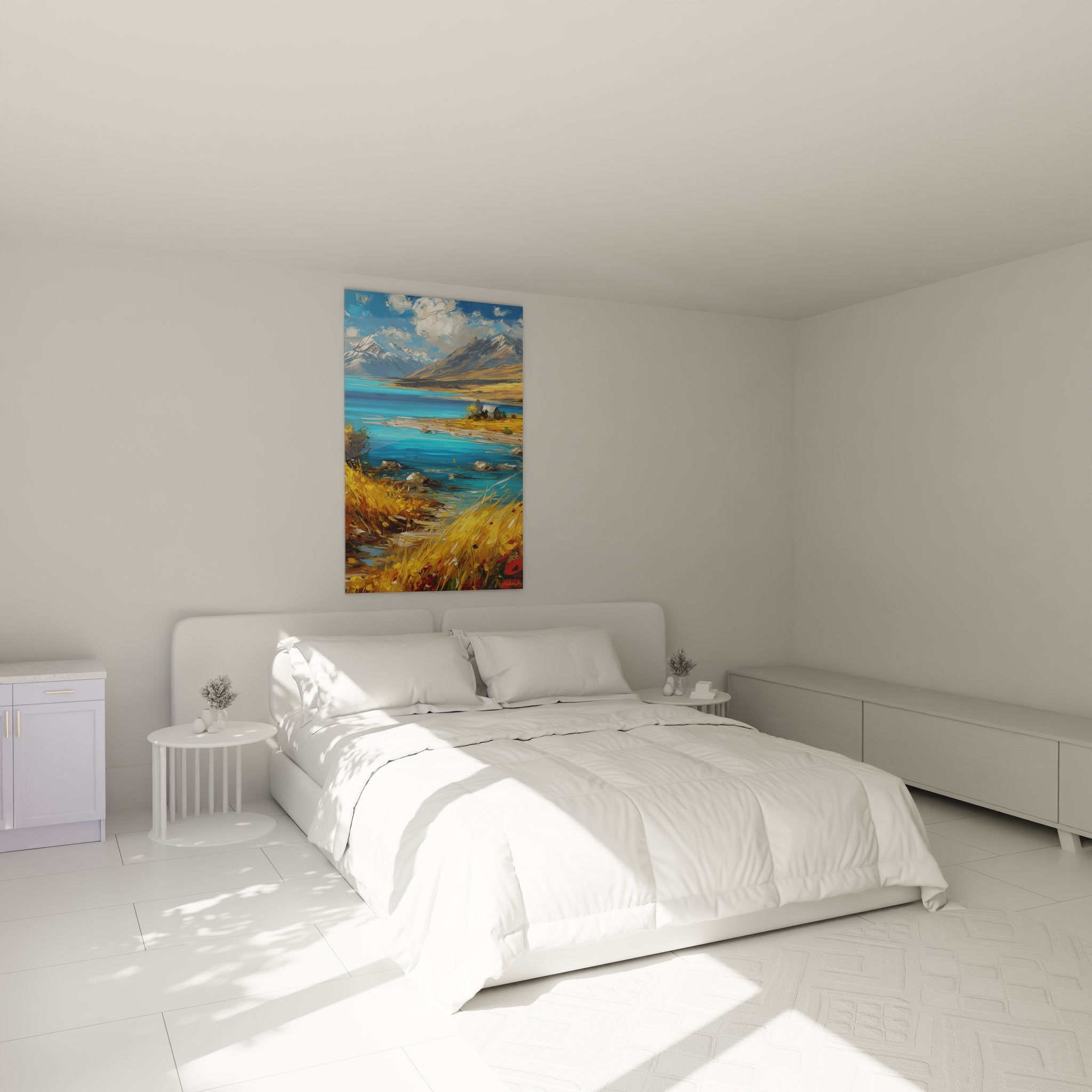 Tableau lac montagne dans chambre moderne, décoration murale paysage automnal