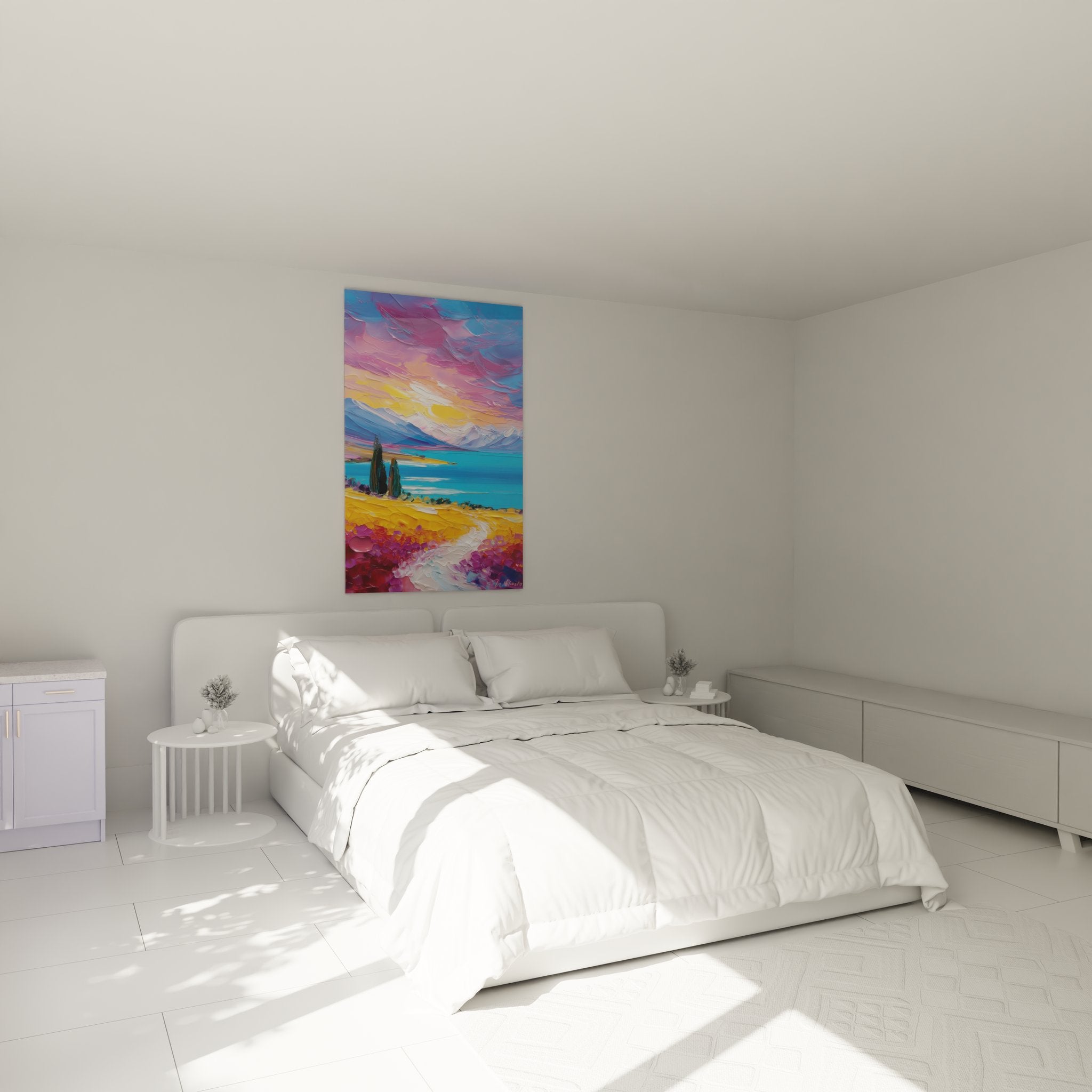 Decorative mountain lake wall art in bedroom setting with sunset, modern colorful mural painting
