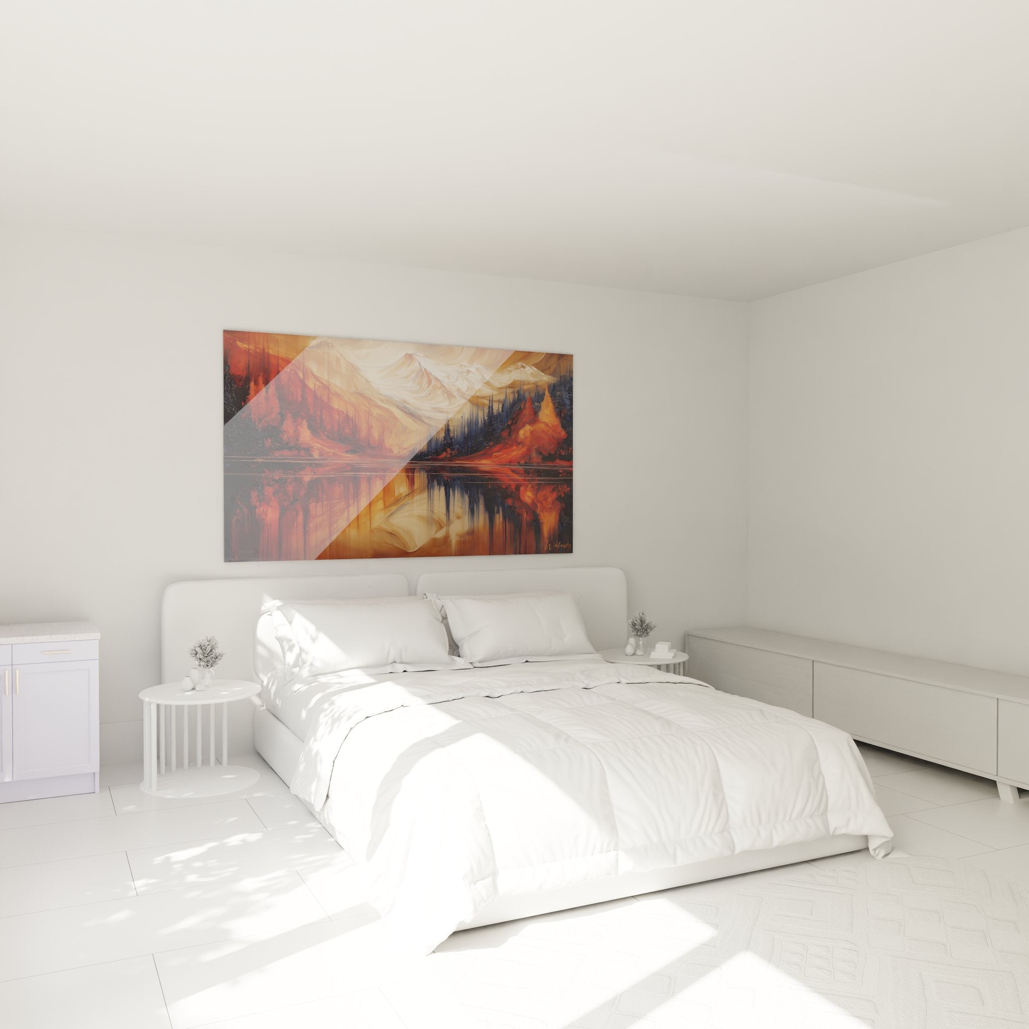 Tableau lac montagne dans chambre moderne avec décoration murale paysage naturel aux tons chauds