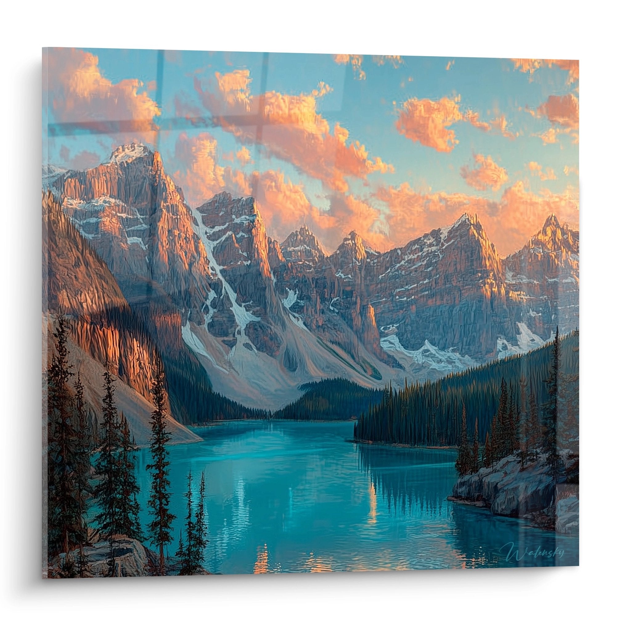Tableau lac de montagne au coucher de soleil avec reflets dorés et sommets enneigés, art mural nature