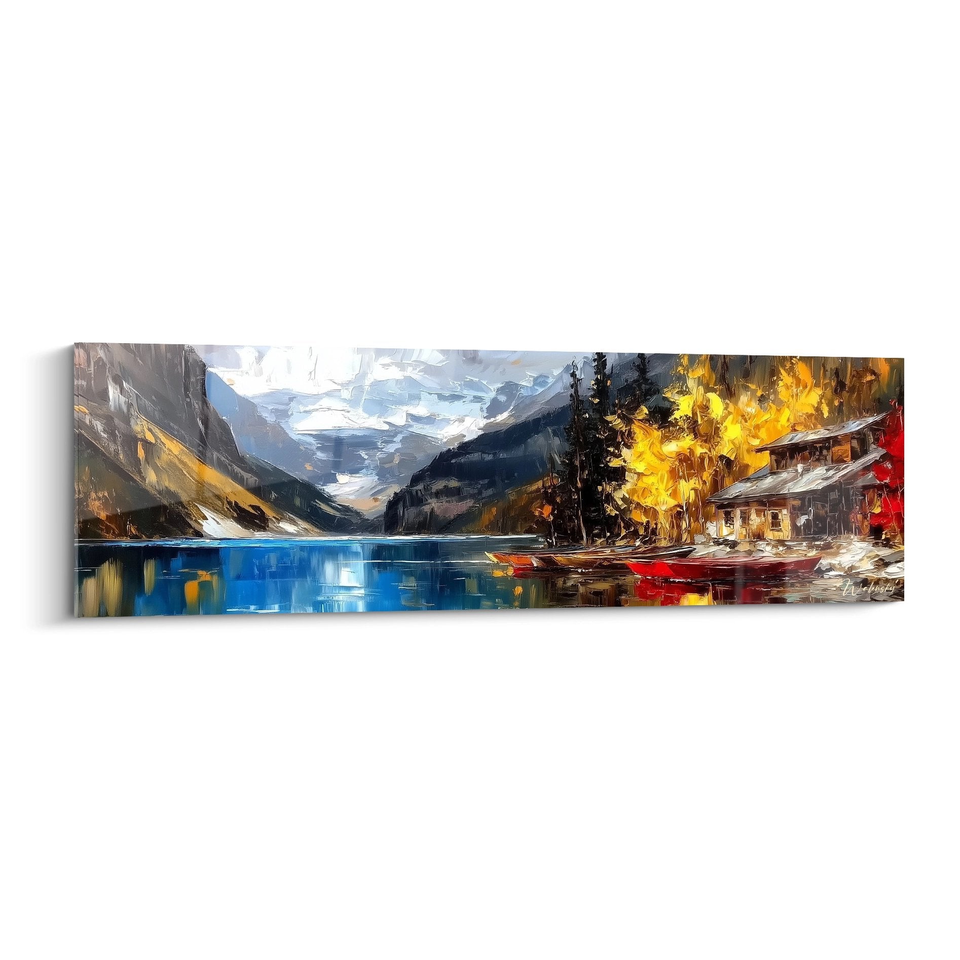 Tableau mural lac de montagne au coucher soleil avec reflets dorés et chalets alpins - art décoratif premium