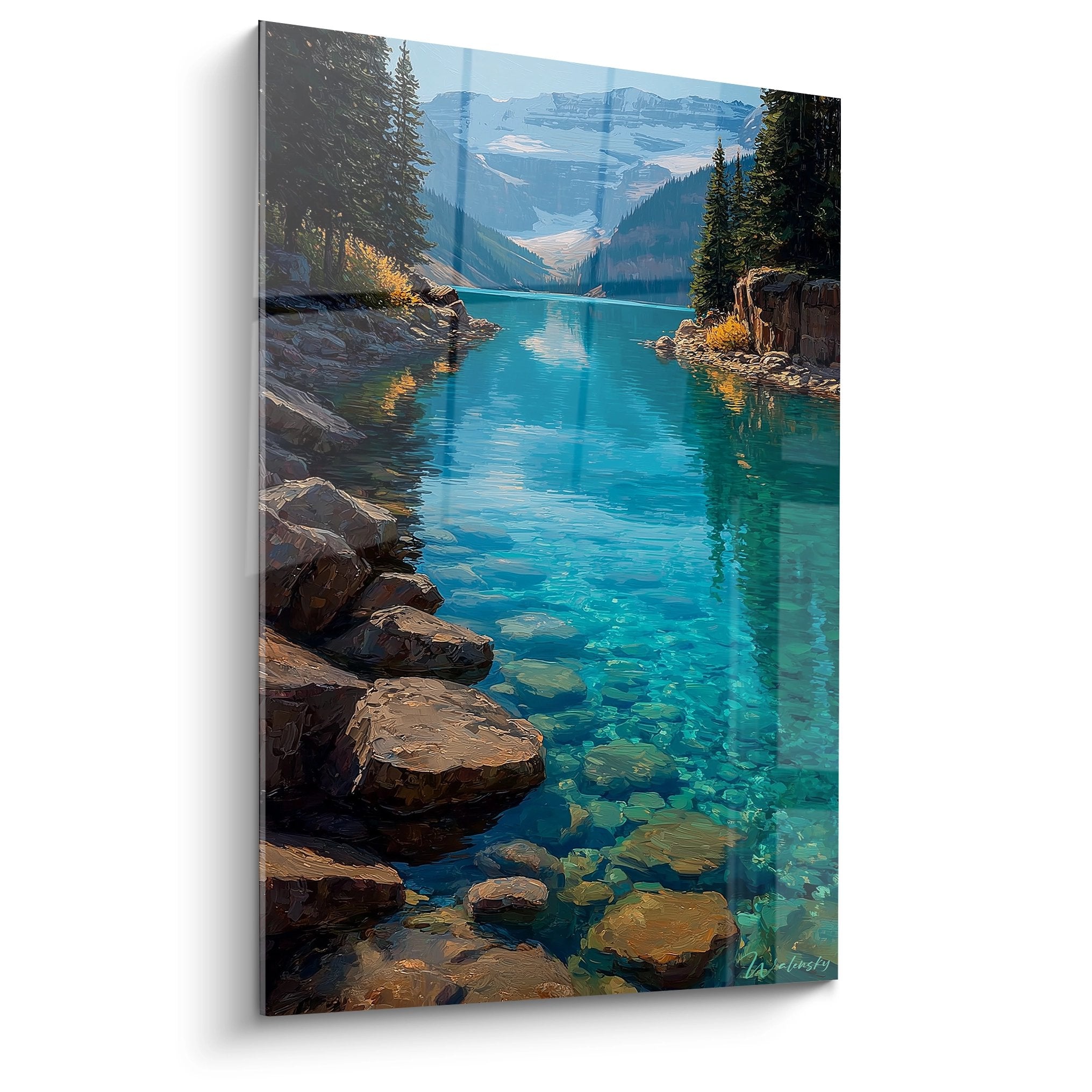 Tableau lac montagne cristallin aux eaux turquoise avec rochers et sommets enneigés - art mural nature