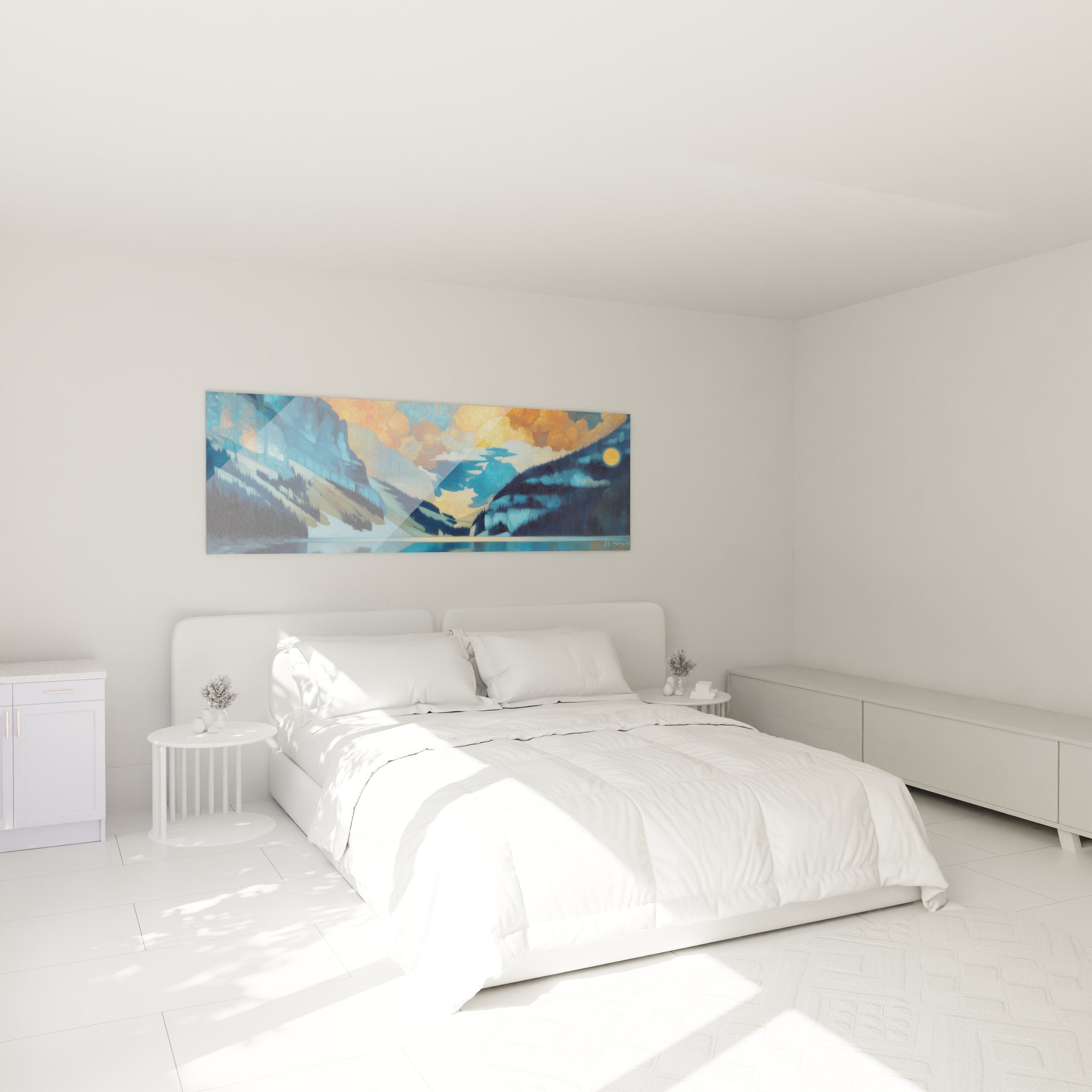 Tableau paysage lac installé dans chambre moderne, ambiance déco nature et zen avec montagnes