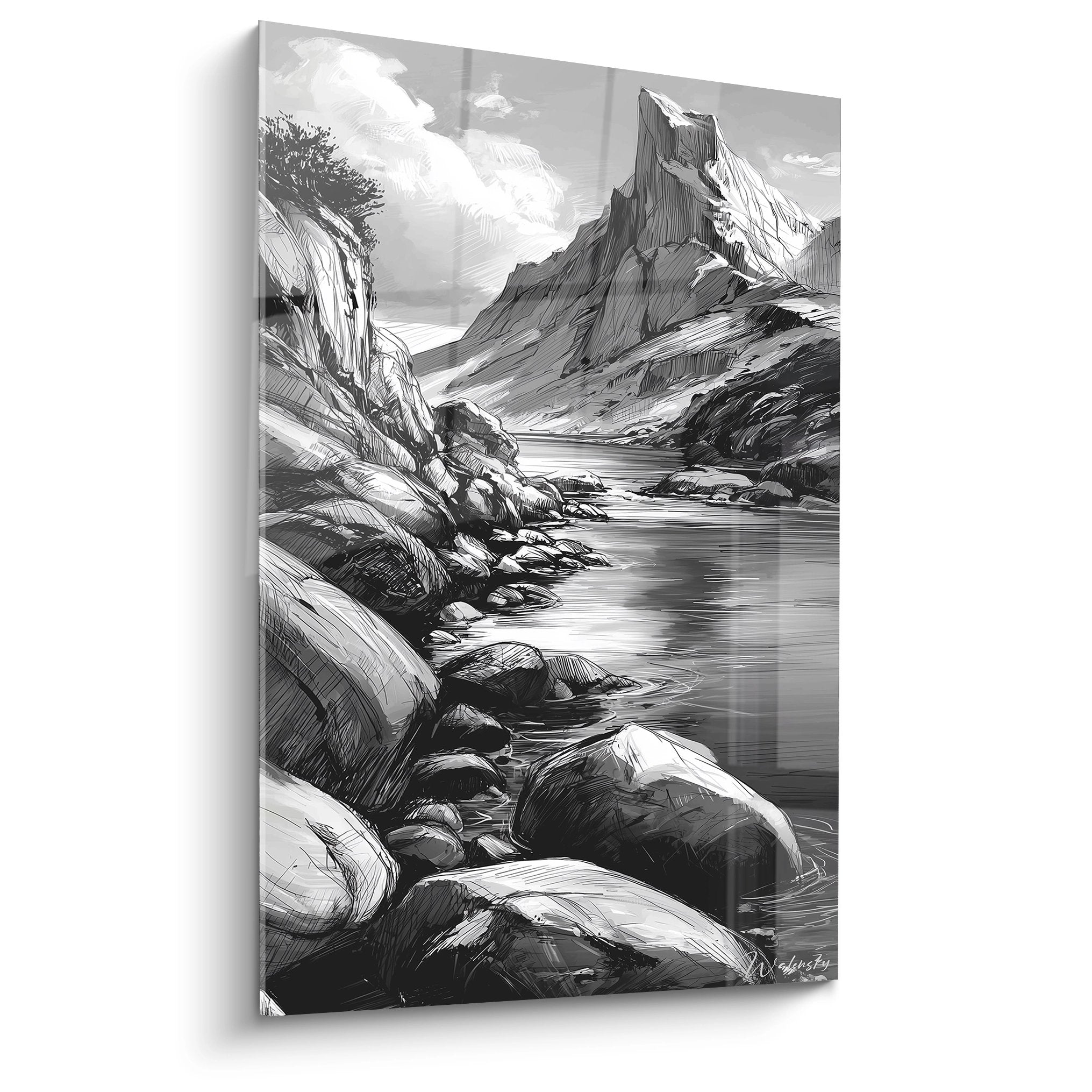 Tableau mural lac de montagne fjord nordique noir et blanc avec rochers et montagnes escarpées