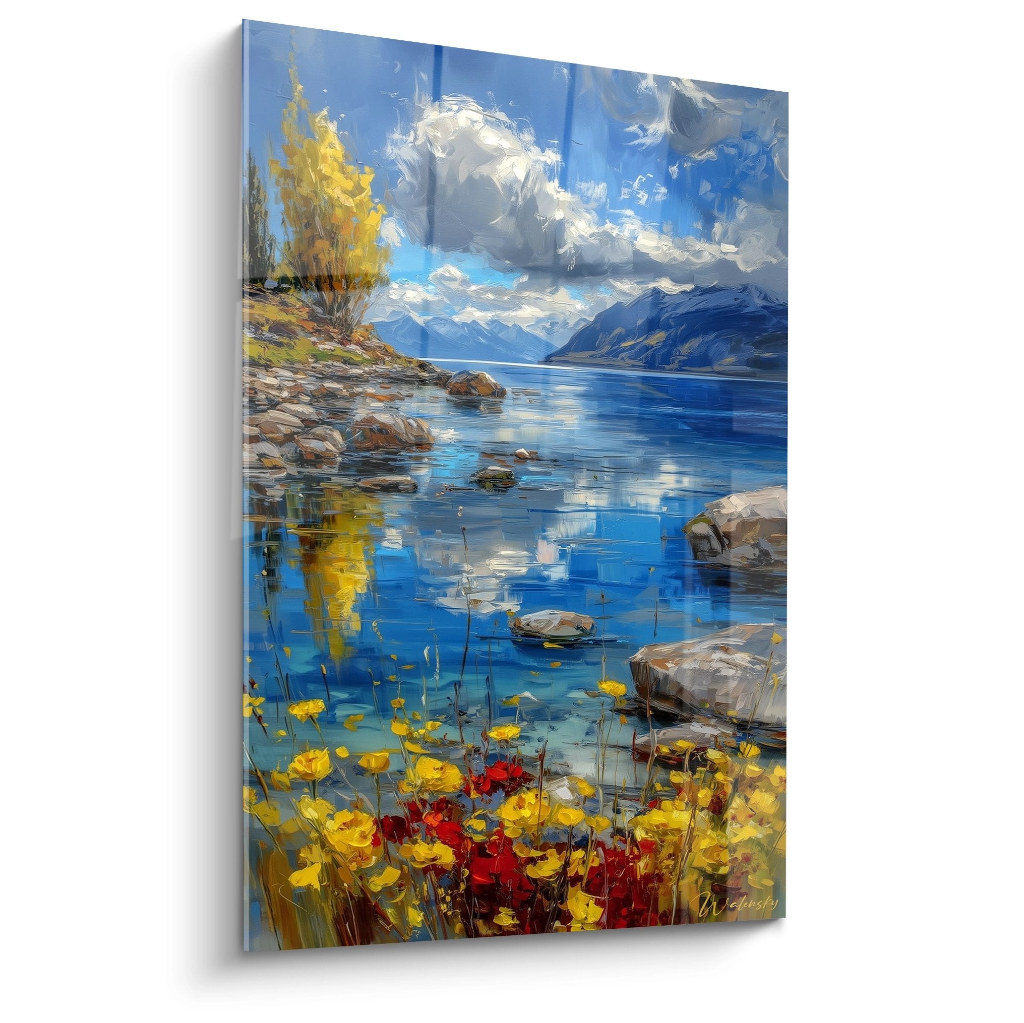 Tableau lac de montagne avec fleurs sauvages colorées et reflets automnaux sur toile