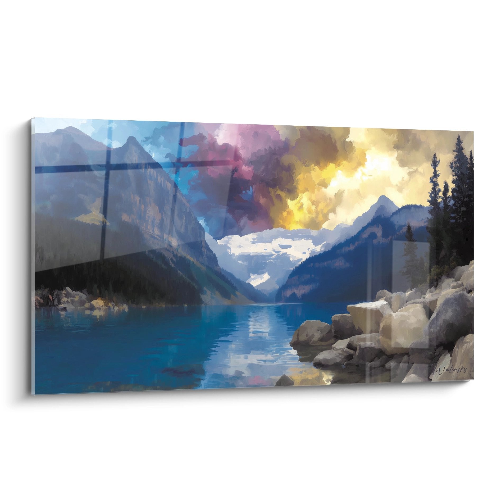 Tableau lac de montagne avec glacier et reflets turquoise, paysage alpin artistique mural