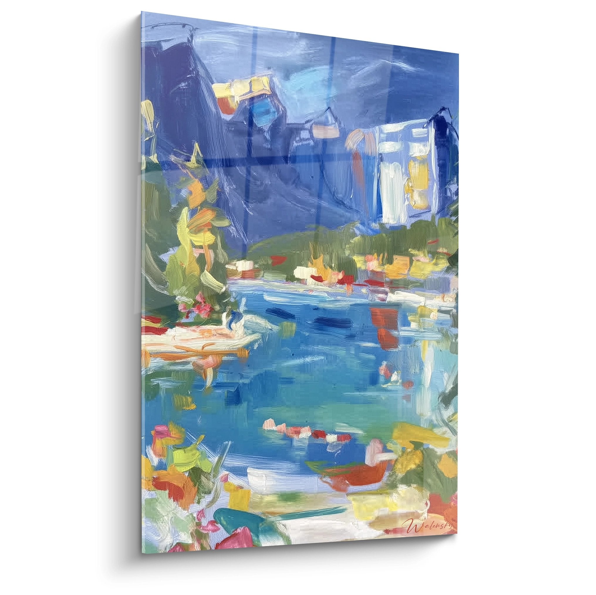 Tableau lac de montagne impressionniste aux reflets bleus, peinture murale alpine décorative