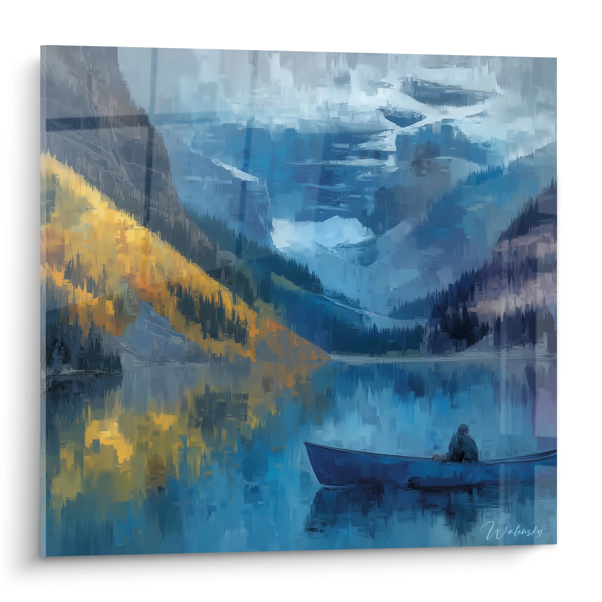 Tableau lac montagne avec pêcheur en barque, paysage automnal doré, art mural nature