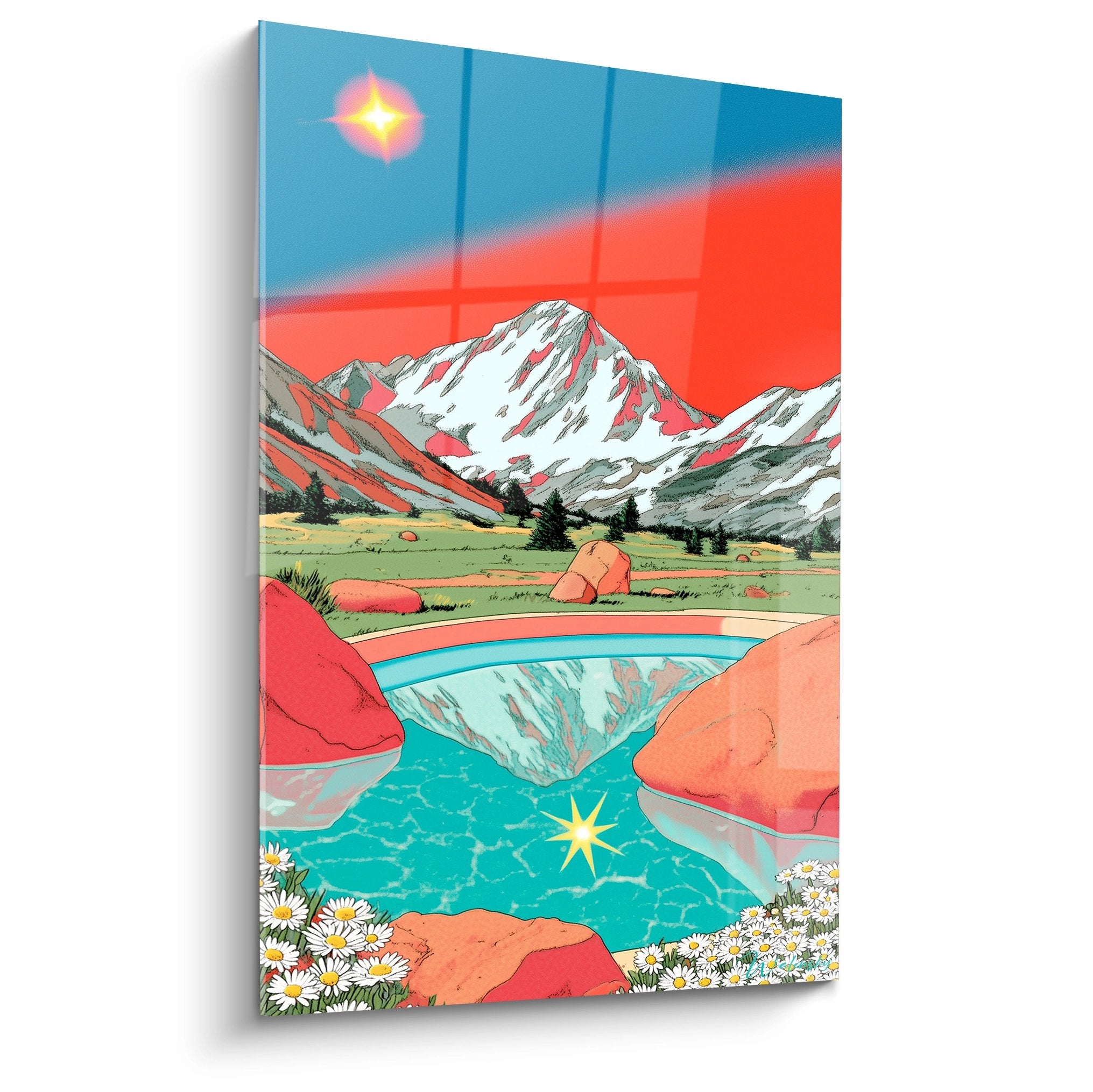 Tableau mural lac de montagne turquoise avec reflets alpins et fleurs blanches, style contemporain coloré