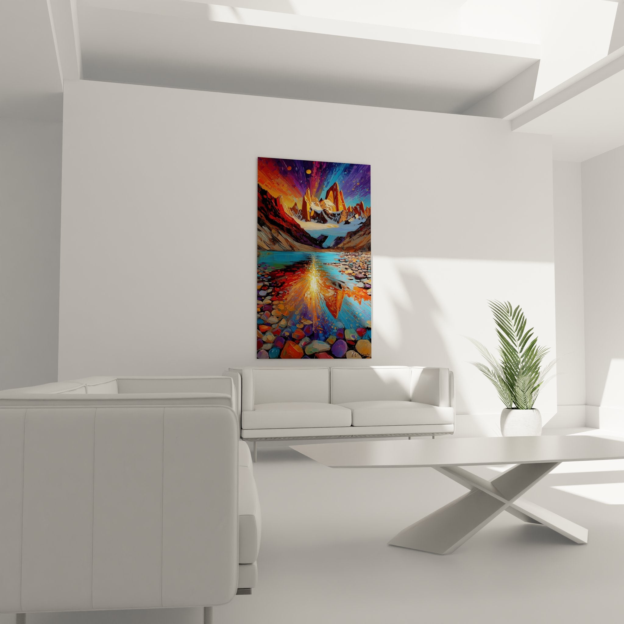 Detailaufnahme farbiger Reflexionen und mehrfarbigen Kieselsteinen des Bergseebild-Kunstwerks
