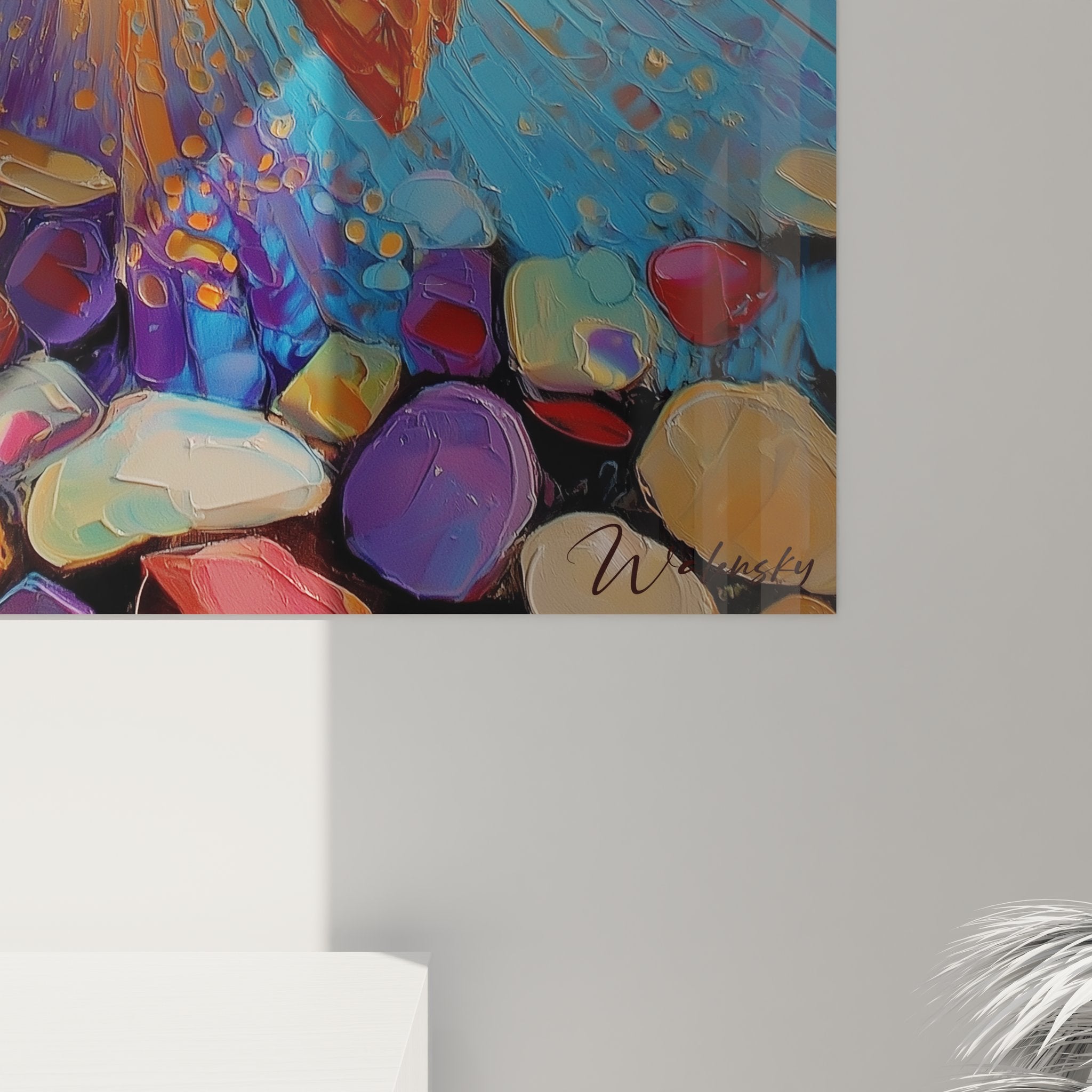 Gesamtansicht Wandbild See Berg farbige Reflexionen moderne Inneneinrichtung