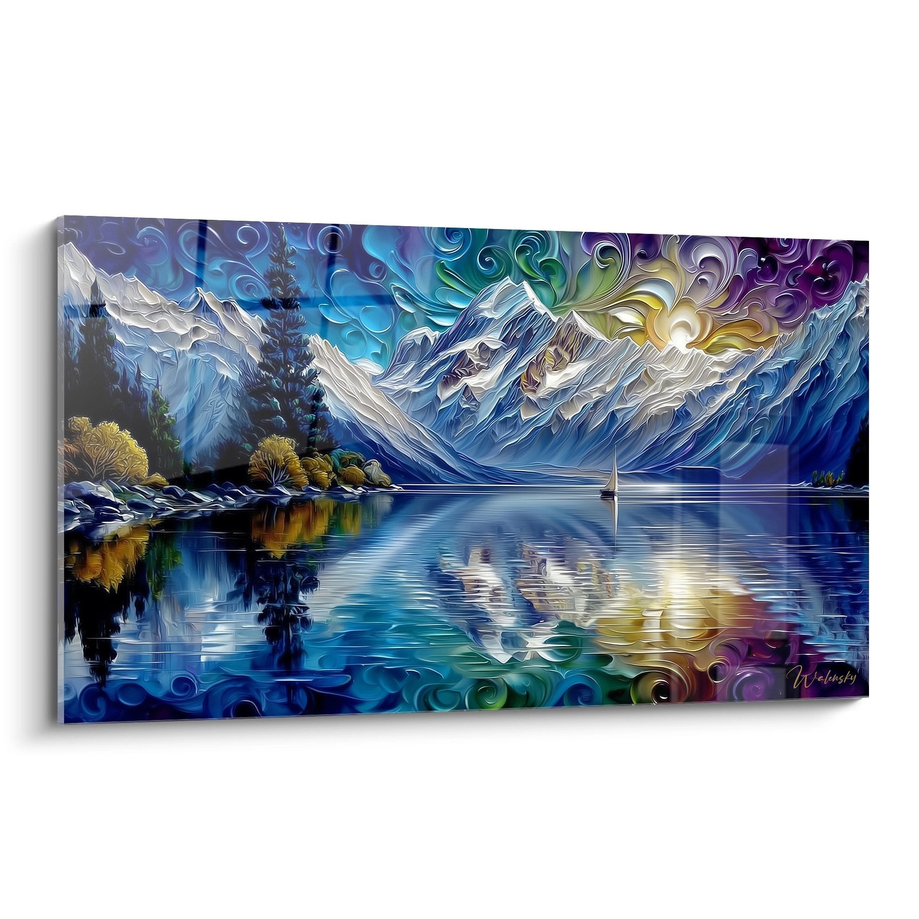 Tableau lac de montagne aux reflets cosmiques avec ciel multicolore et sommets enneigés