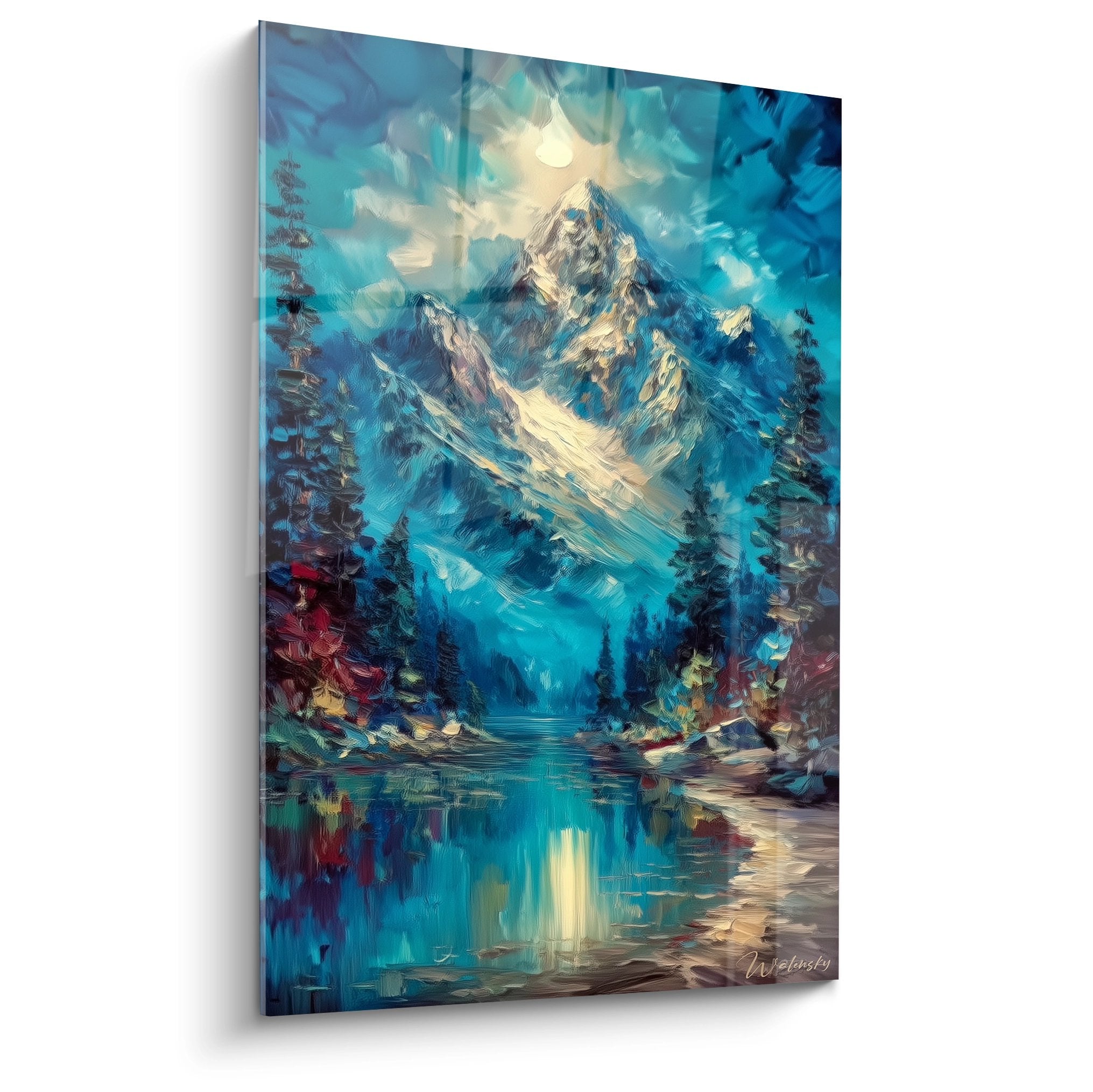 Tableau mural lac de montagne avec reflets cristallins et sommet rocheux enneigé entouré de forêts