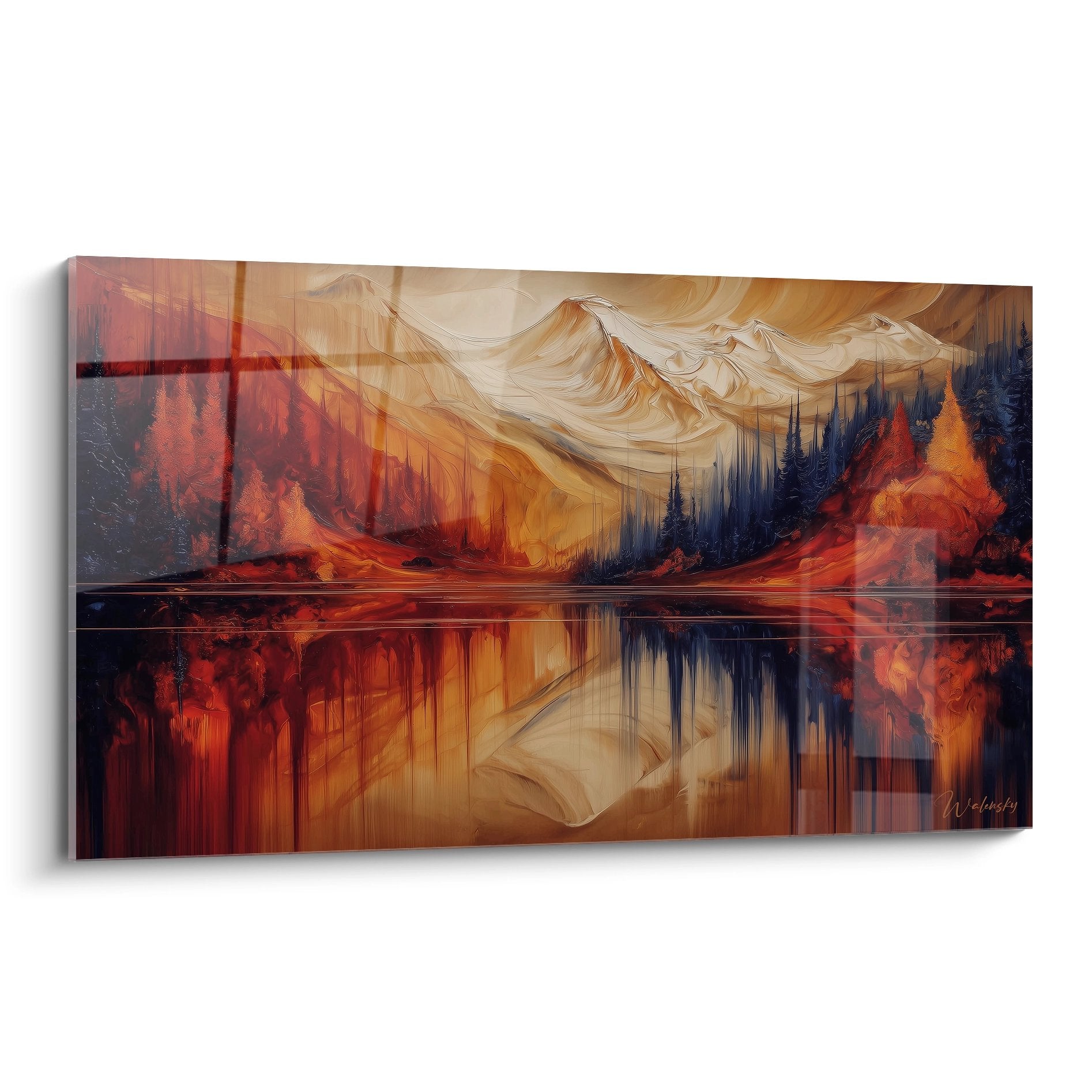 Tableau mural lac de montagne aux reflets dorés avec paysage automnal et montagnes enneigées