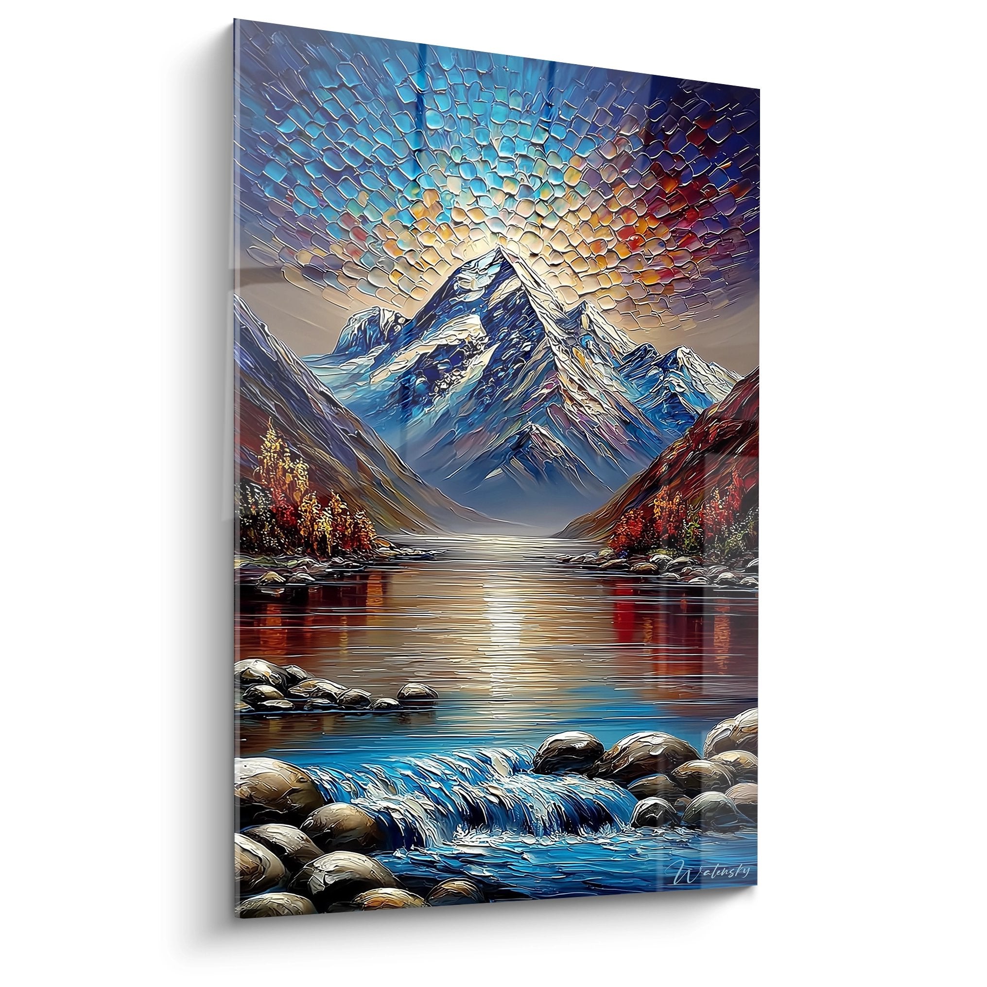 Tableau lac montagne sommets enneigés reflets dorés ciel géométrique art mural nature contemporain