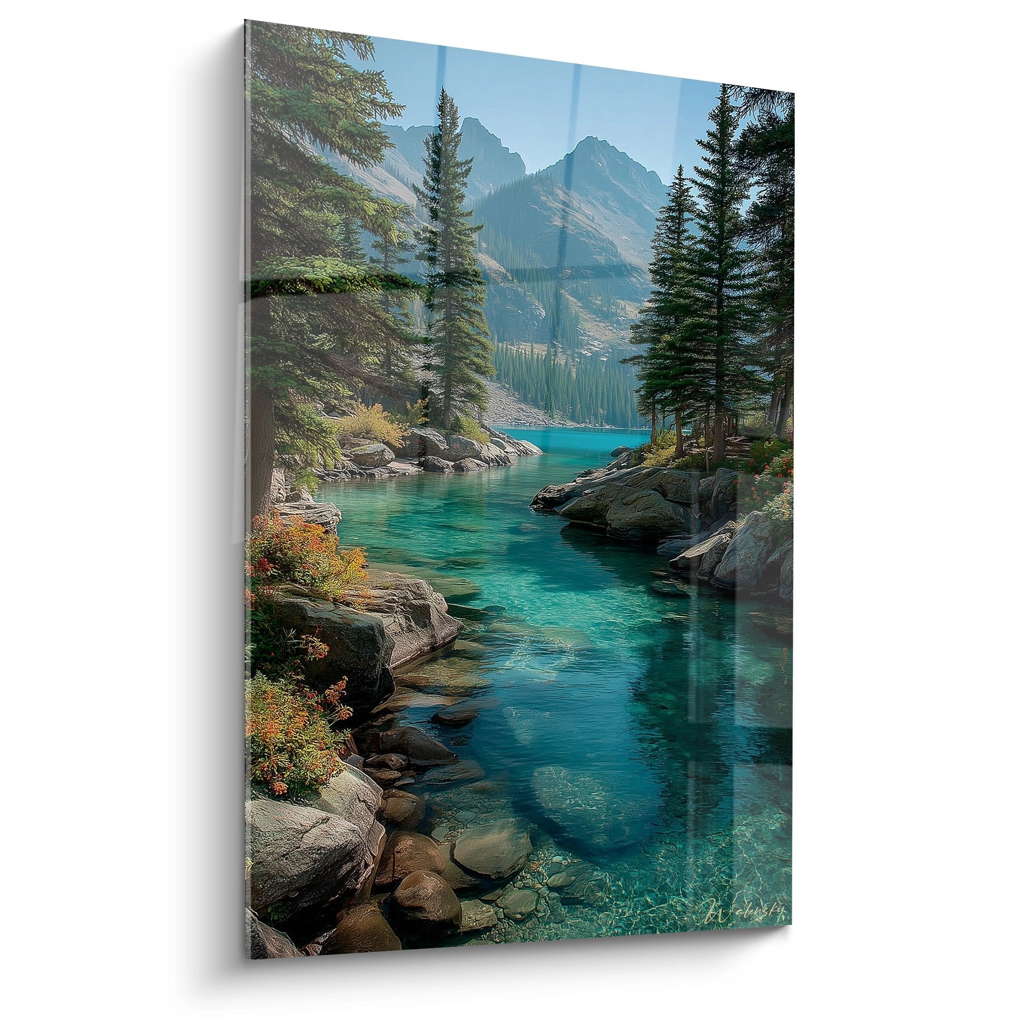 Tableau lac de montagne turquoise avec conifères et rochers, décoration murale nature alpine