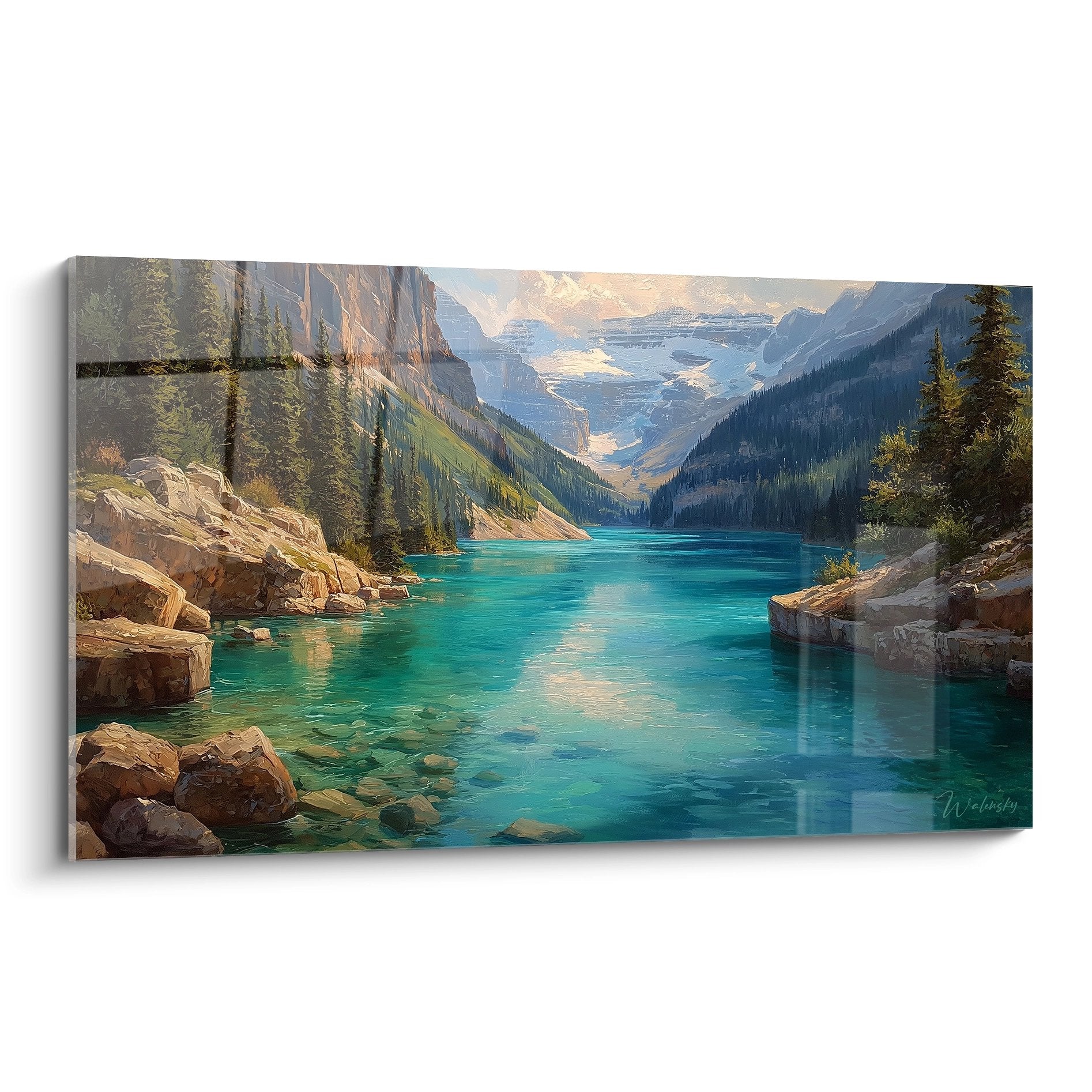 Tableau lac de montagne turquoise avec reflets parfaits et sommets enneigés - décoration murale nature