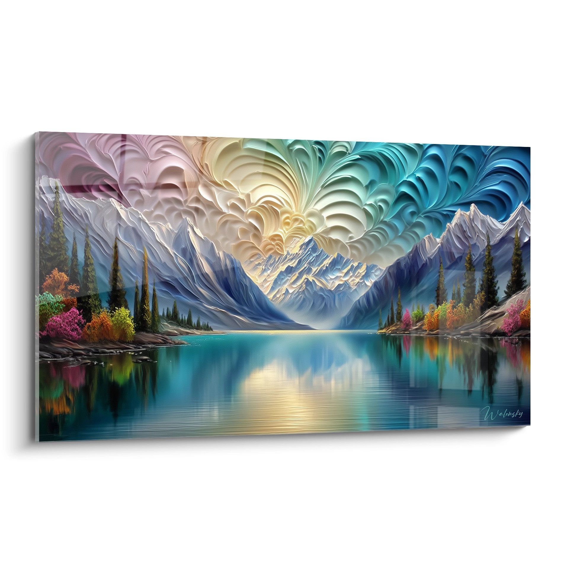 Tableau lac de montagne surréaliste avec reflets magiques et ciel aux volutes colorées