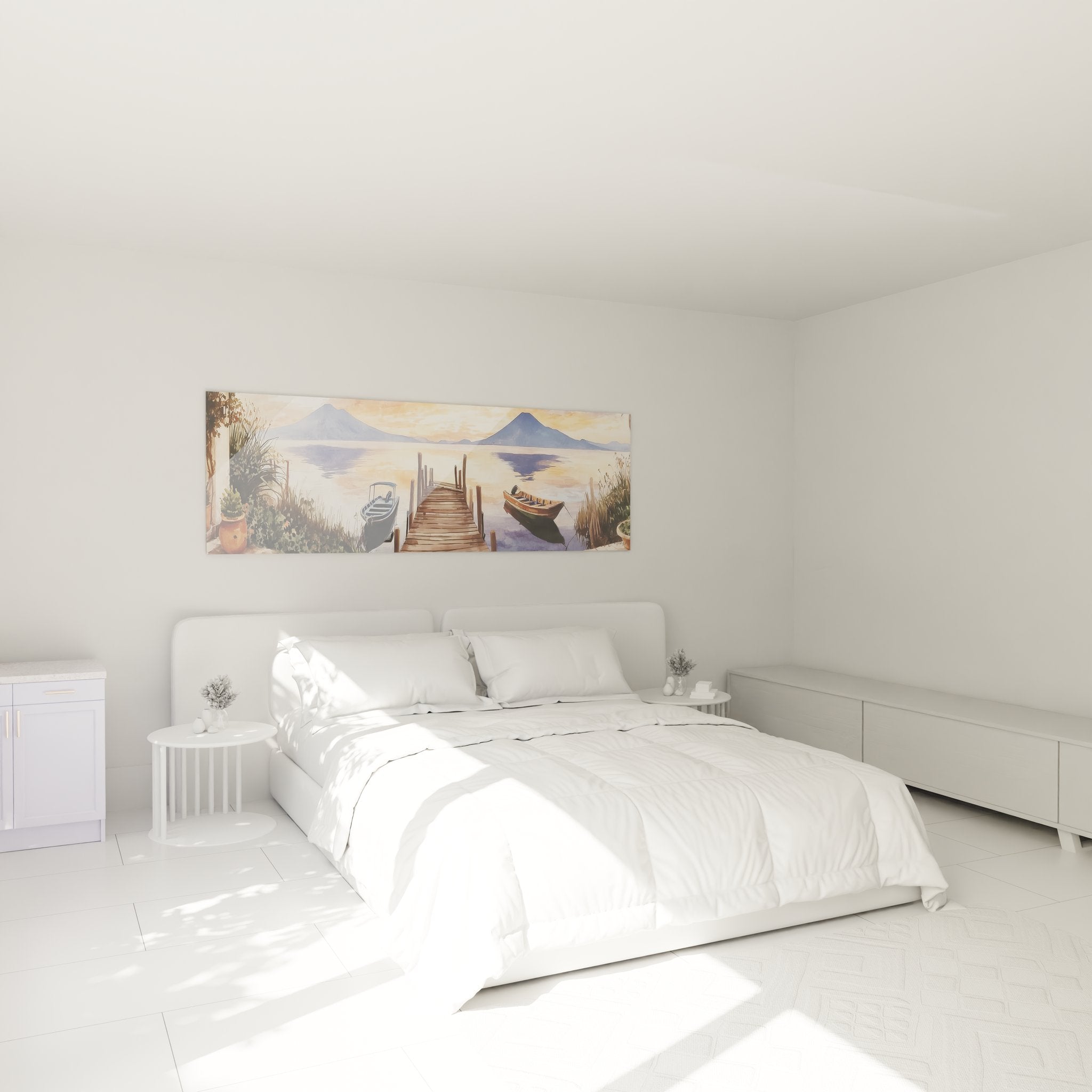 Tableau lac ponton en ambiance chambre, décoration murale apaisante coucher de soleil