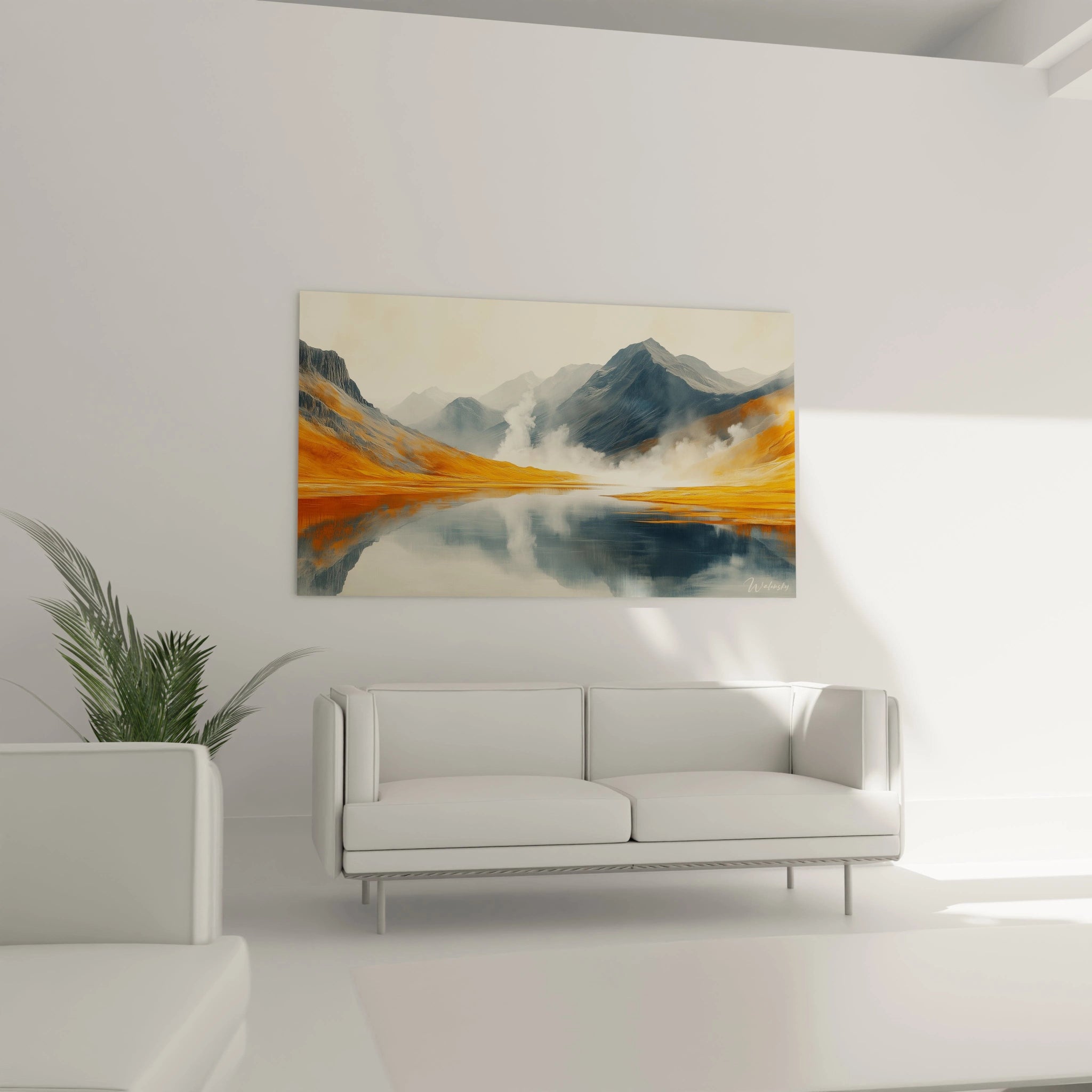 Tableau montagne aux couleurs contrastées orange et bleu, lac calme créant un effet miroir parfait, brumes blanches flottant au-dessus de l'eau, texture empâtée sur les reliefs rocheux.